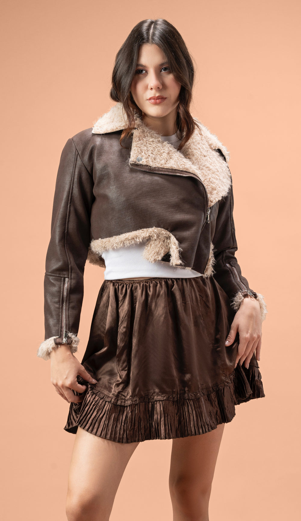 V faux leath jacket
