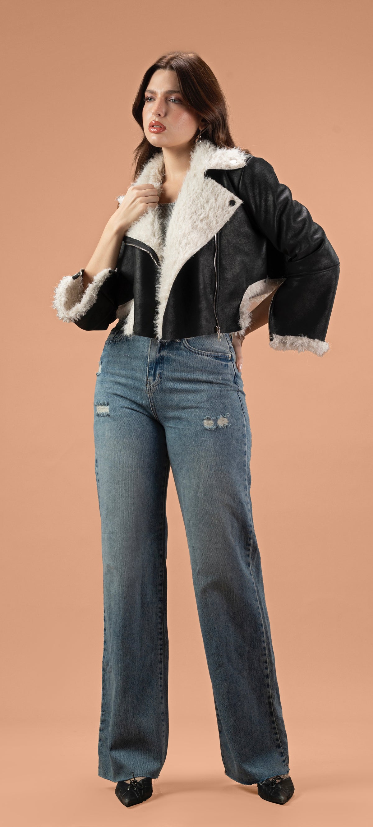 V faux leath jacket