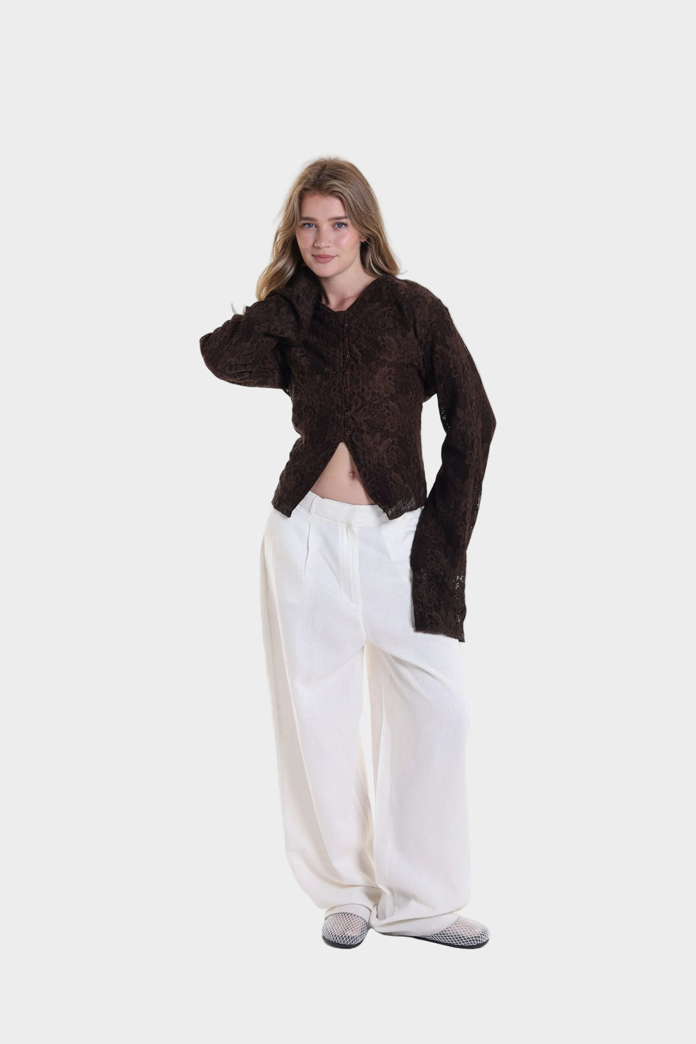 Lace blouse button back tie