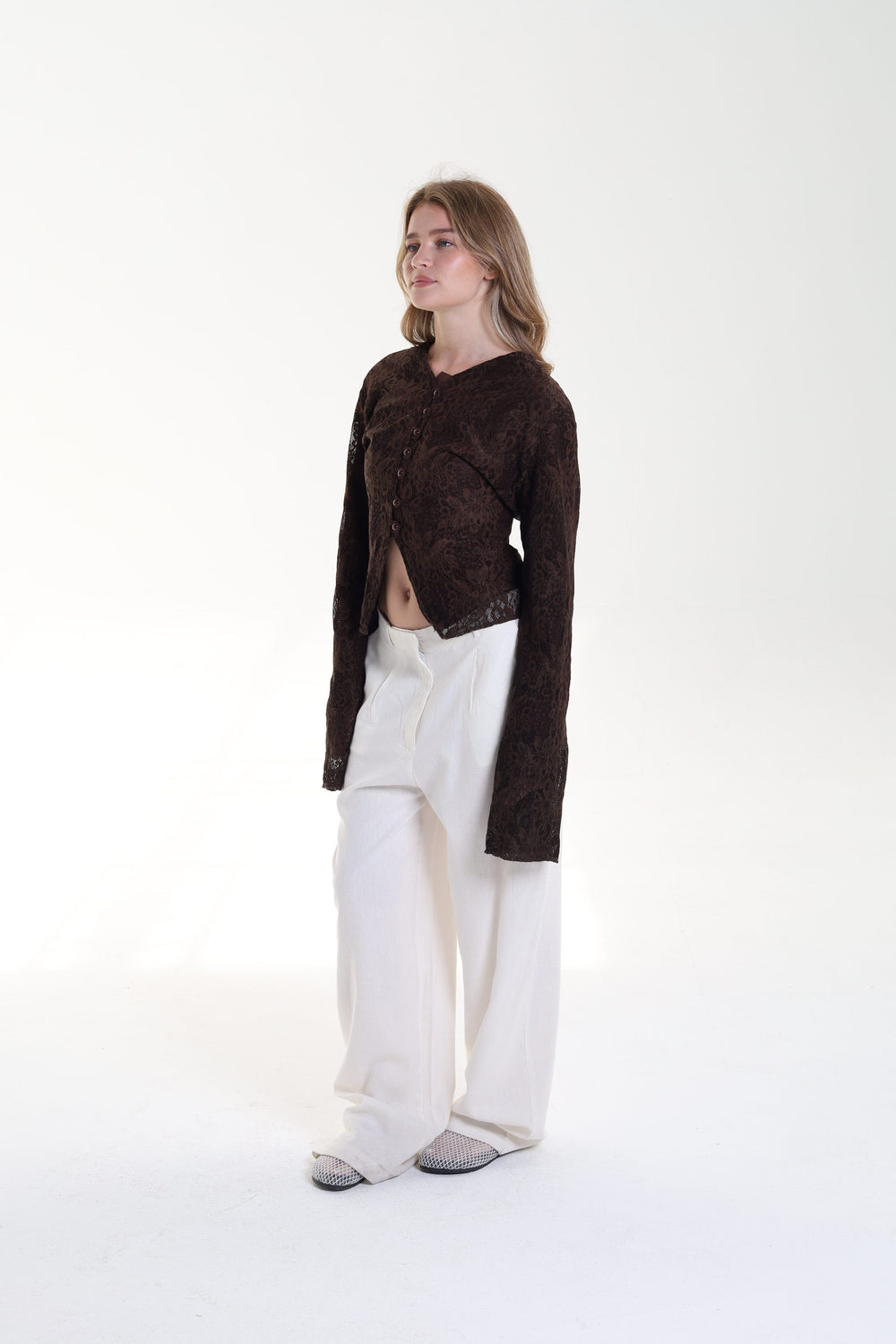 Lace blouse button back tie