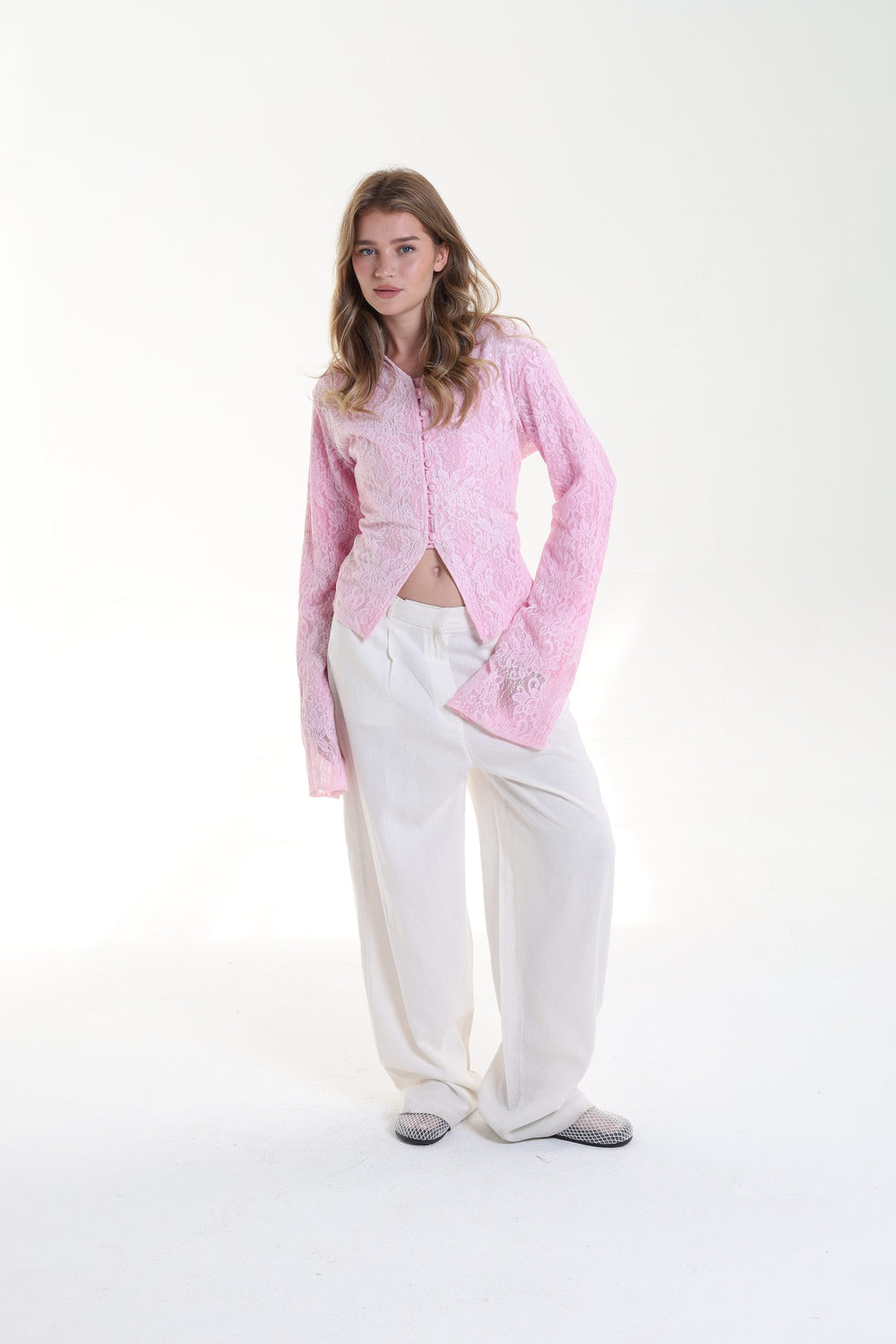 Lace blouse button back tie