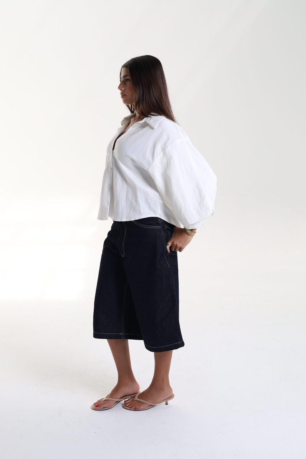 Cropped Balloon Sleeve Blouse