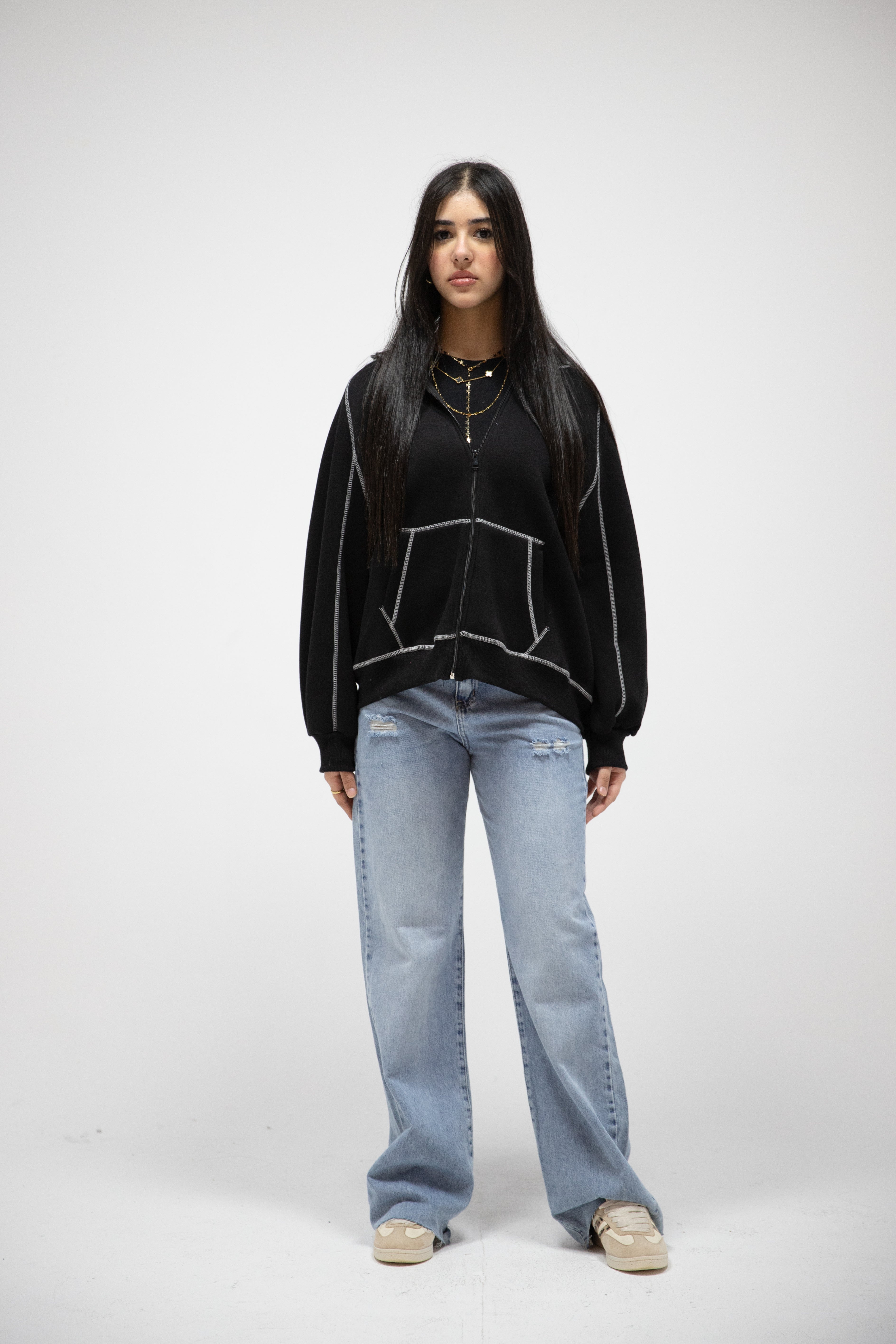 Melton jacket with white stitching