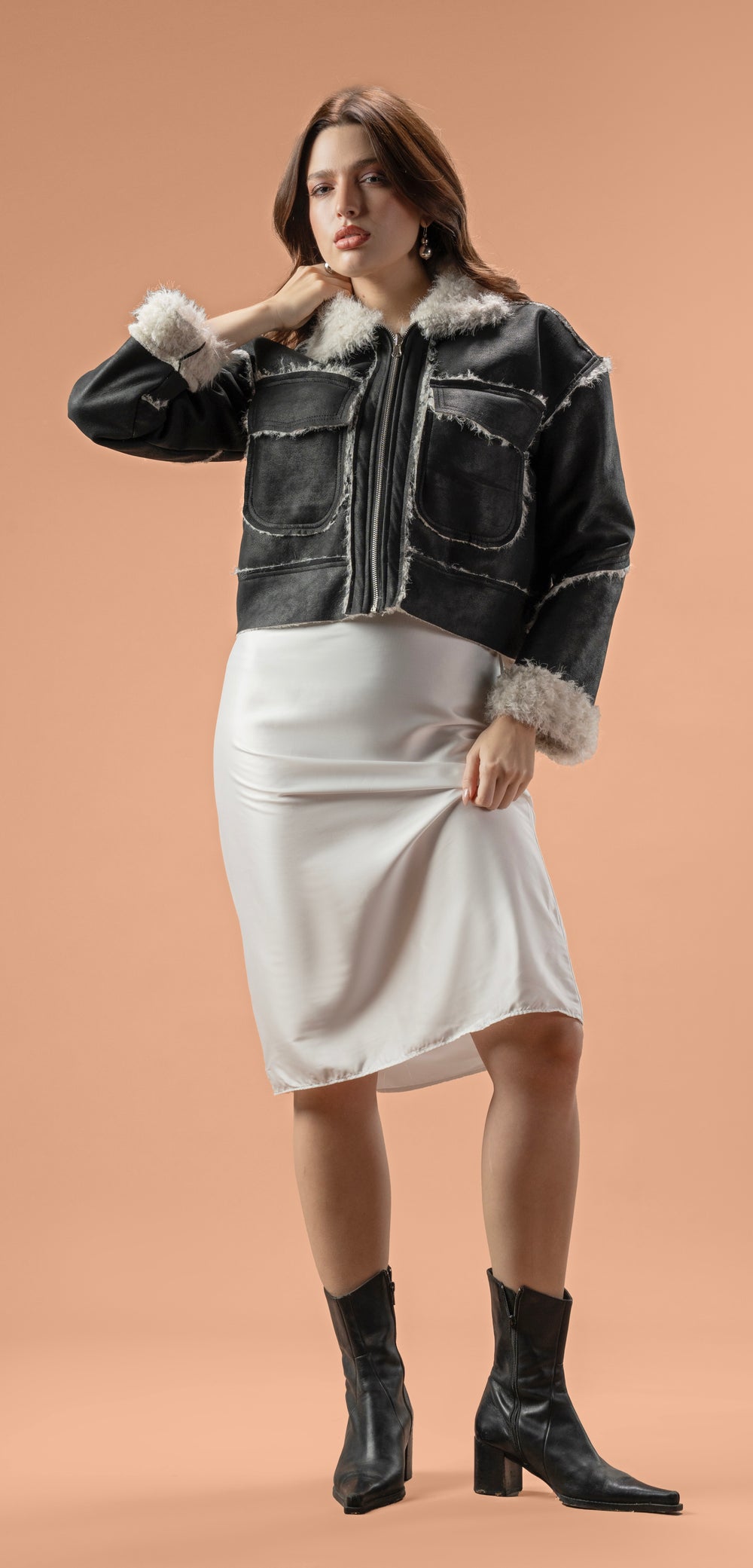 Faux leather stitcked fur jacket