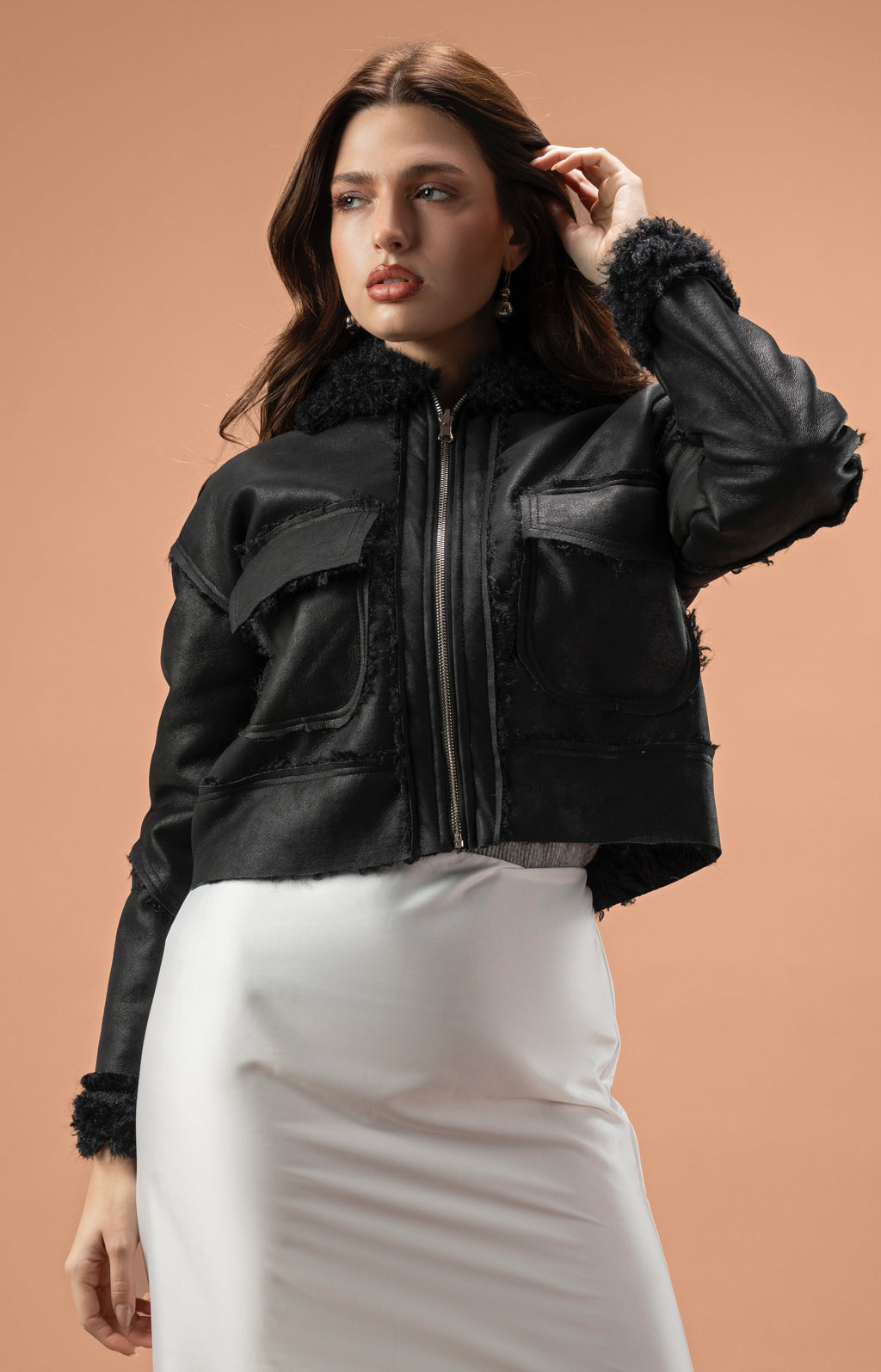 Faux leather stitcked fur jacket