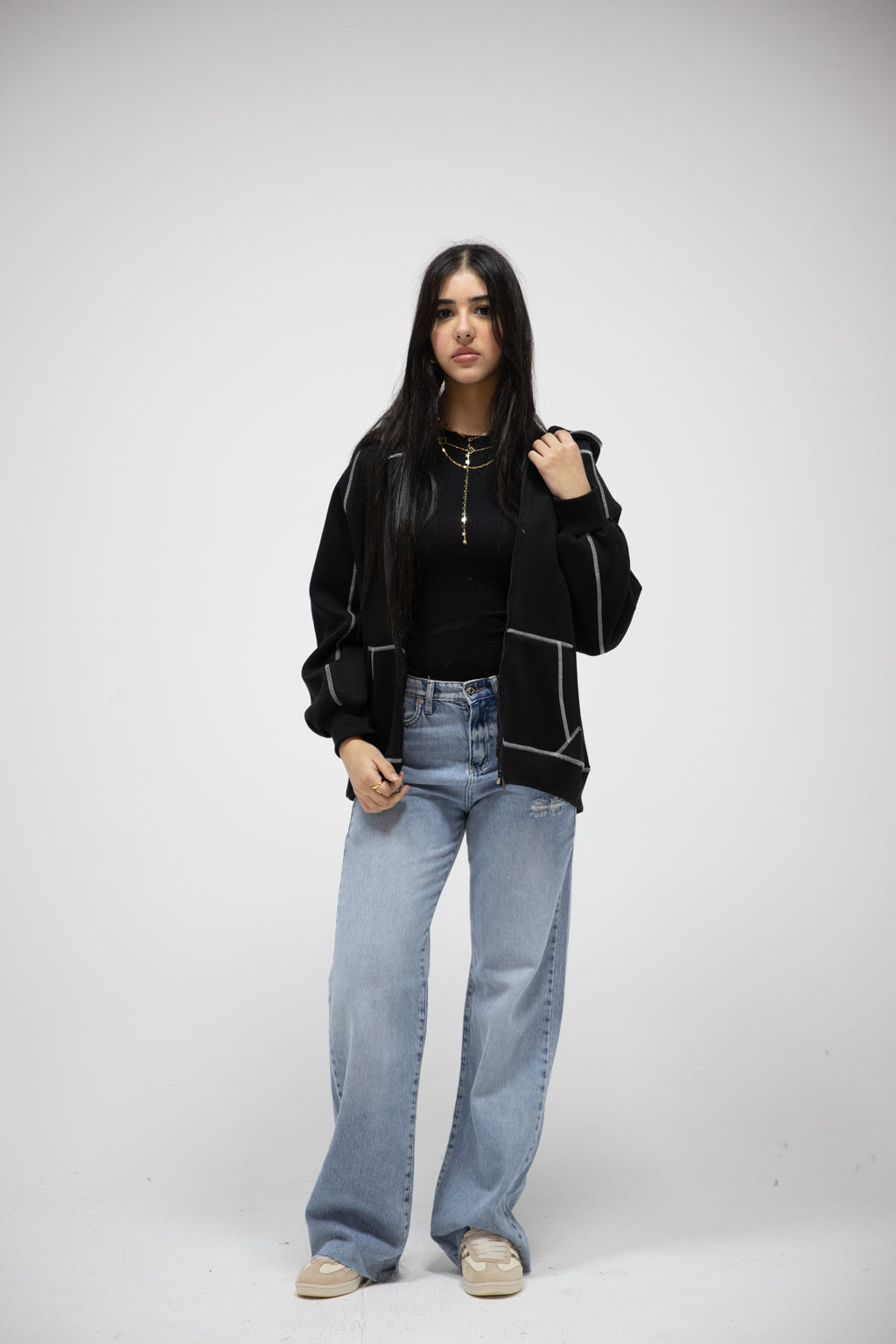 Melton jacket with white stitching