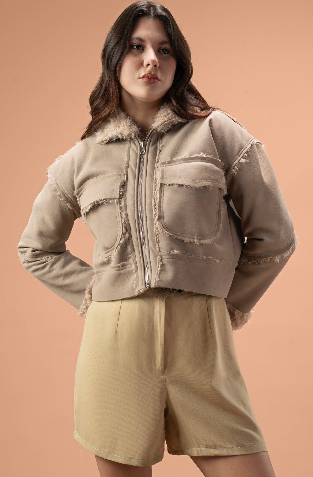 Faux leather stitcked fur jacket