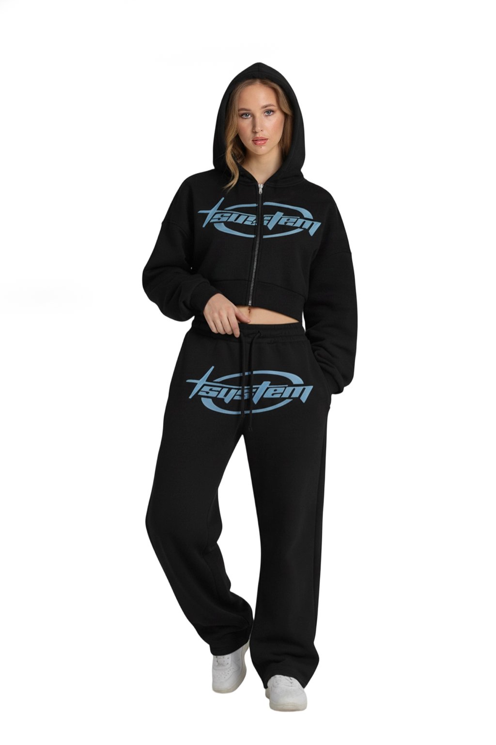 Suit with denim letters