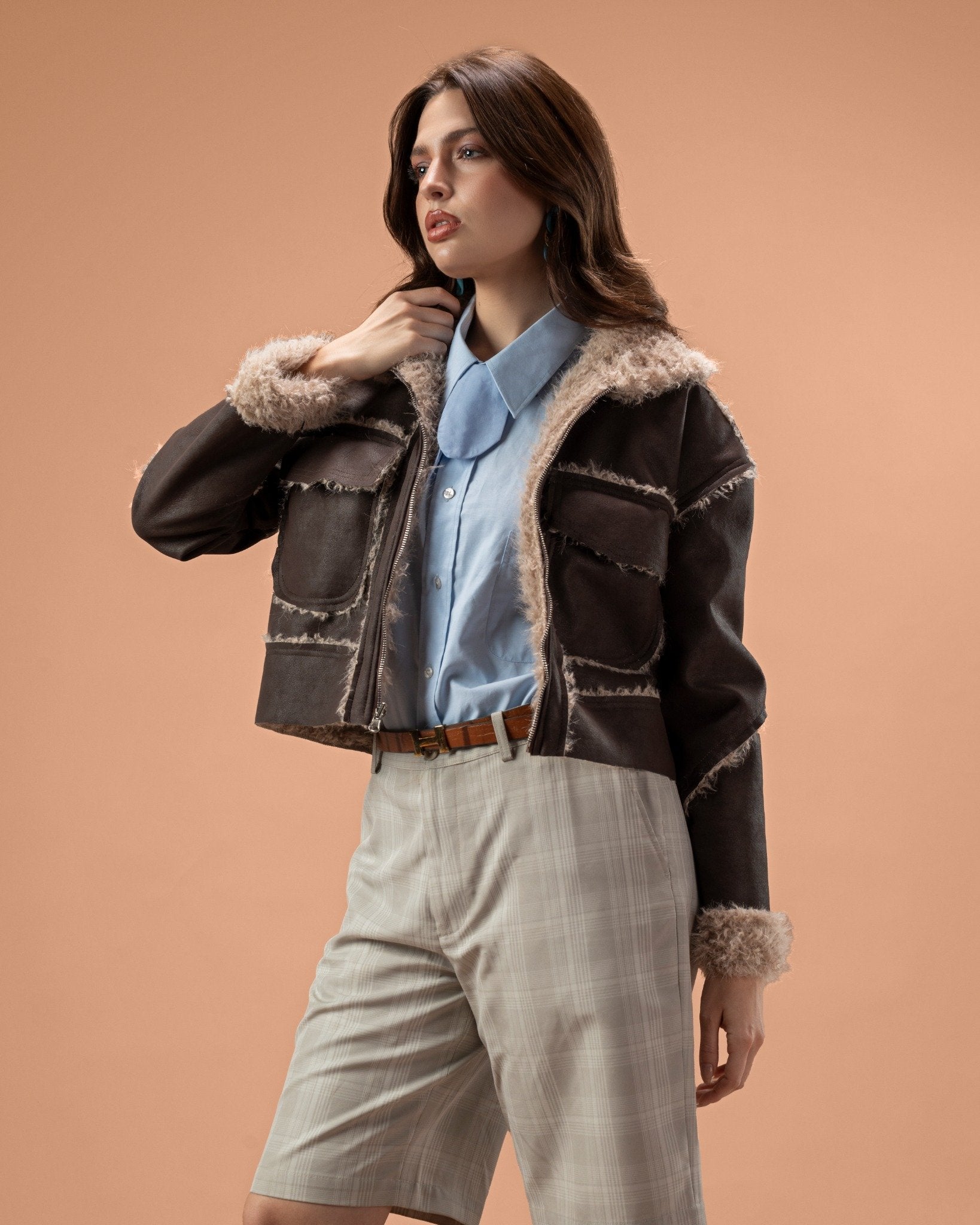 Faux leather stitcked fur jacket