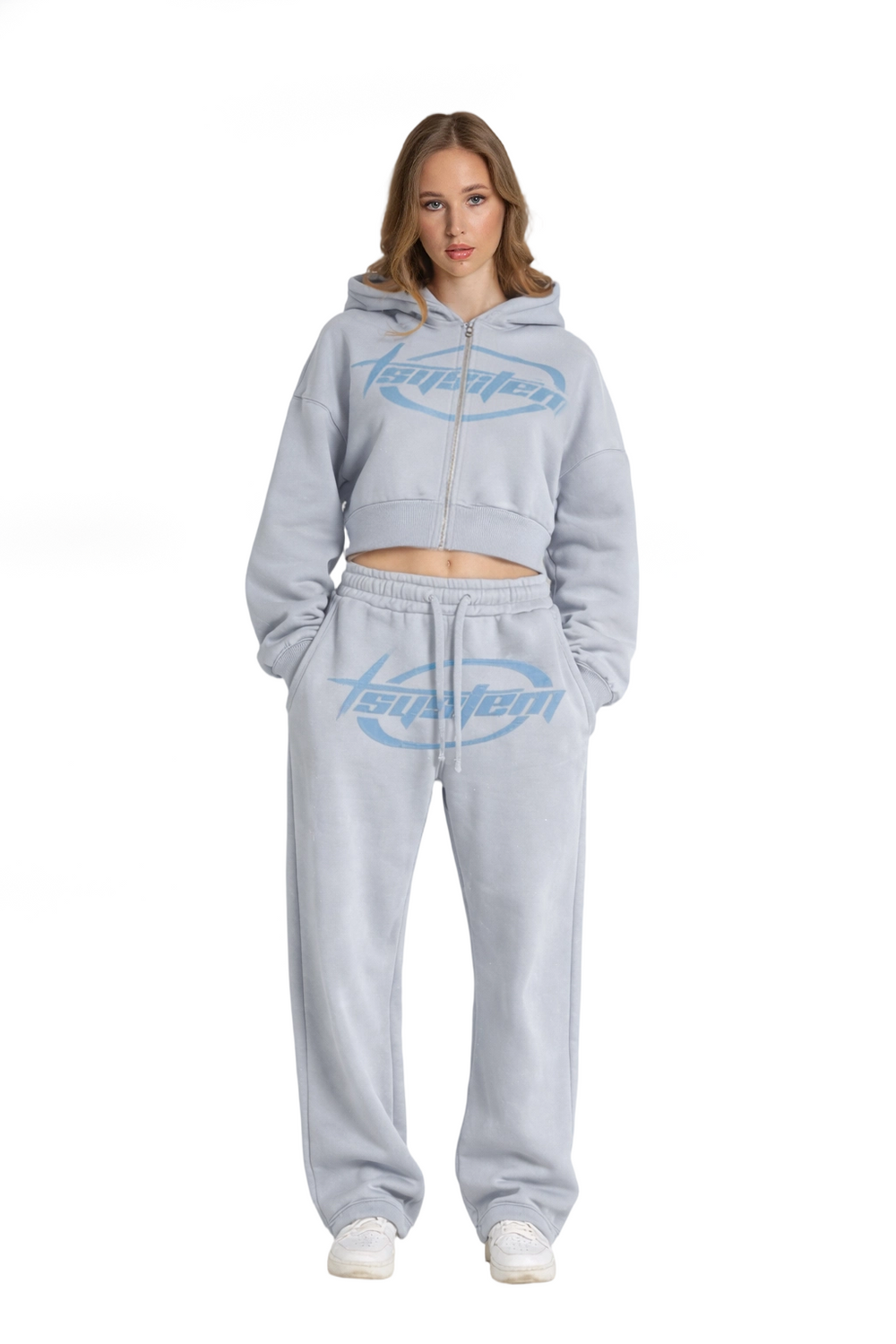 Suit with denim letters