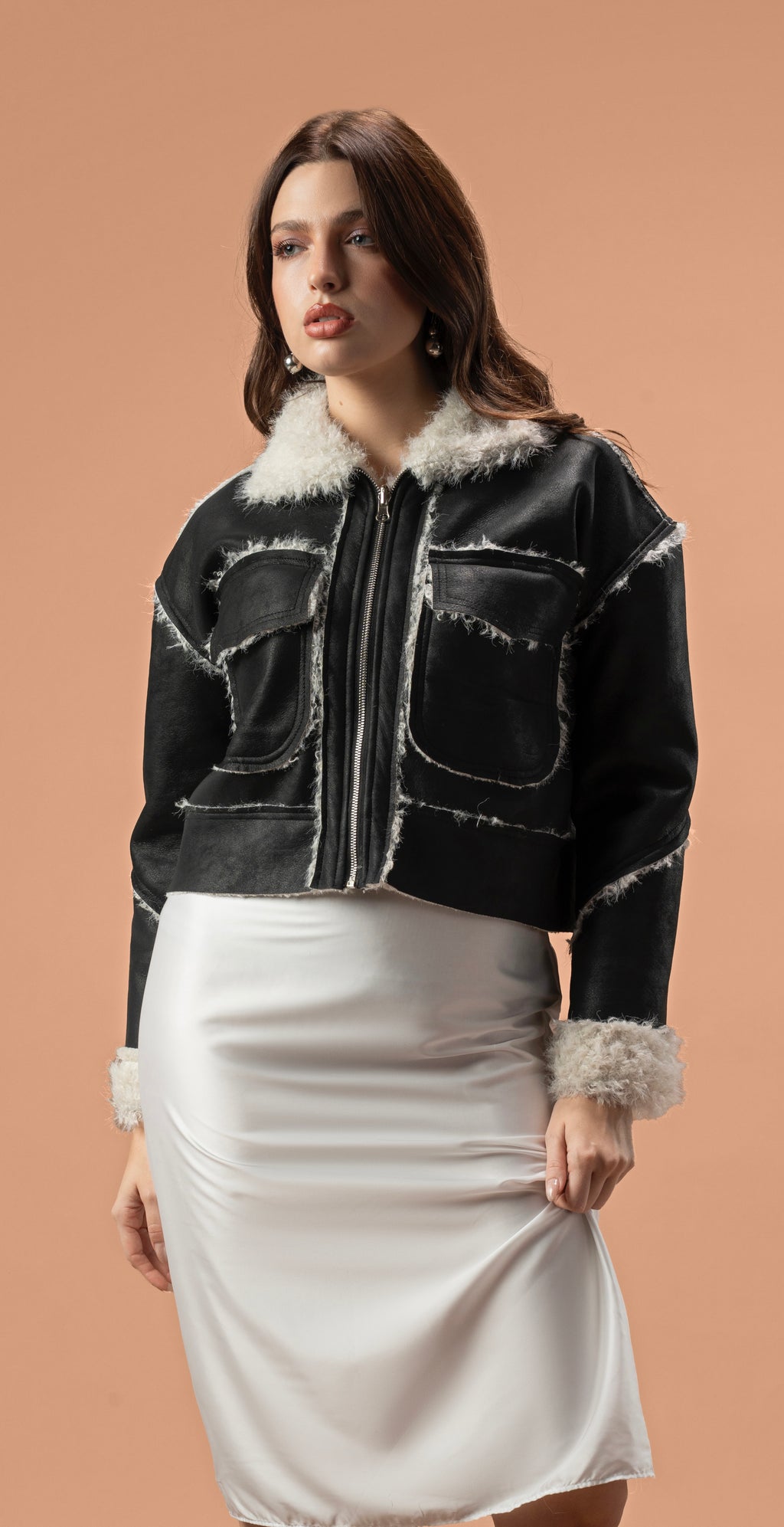 Faux leather stitcked fur jacket