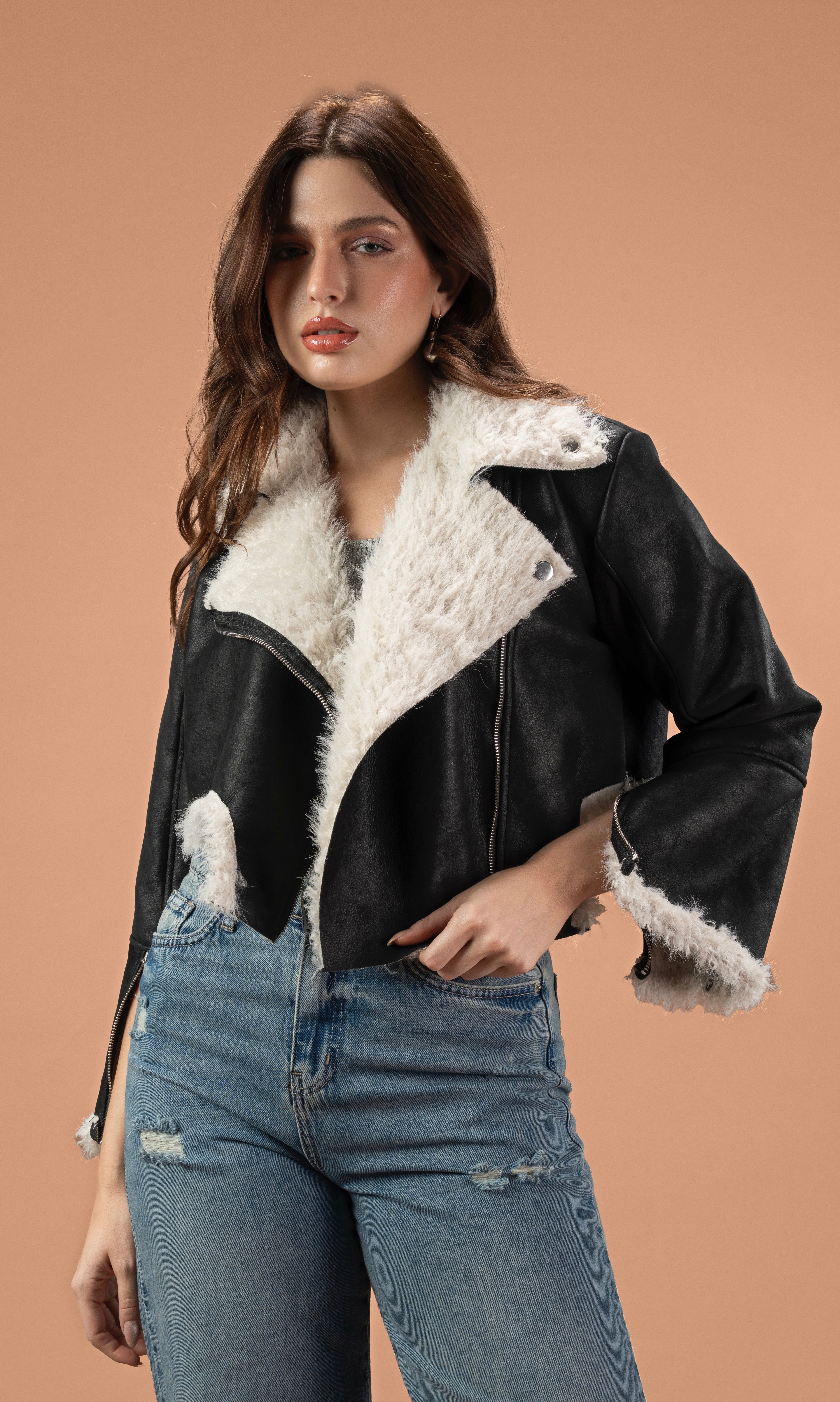 V faux leath jacket