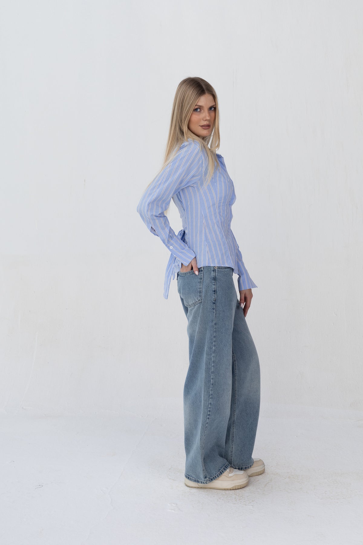 Bold Back Belt and Chest Pleats Shirt
