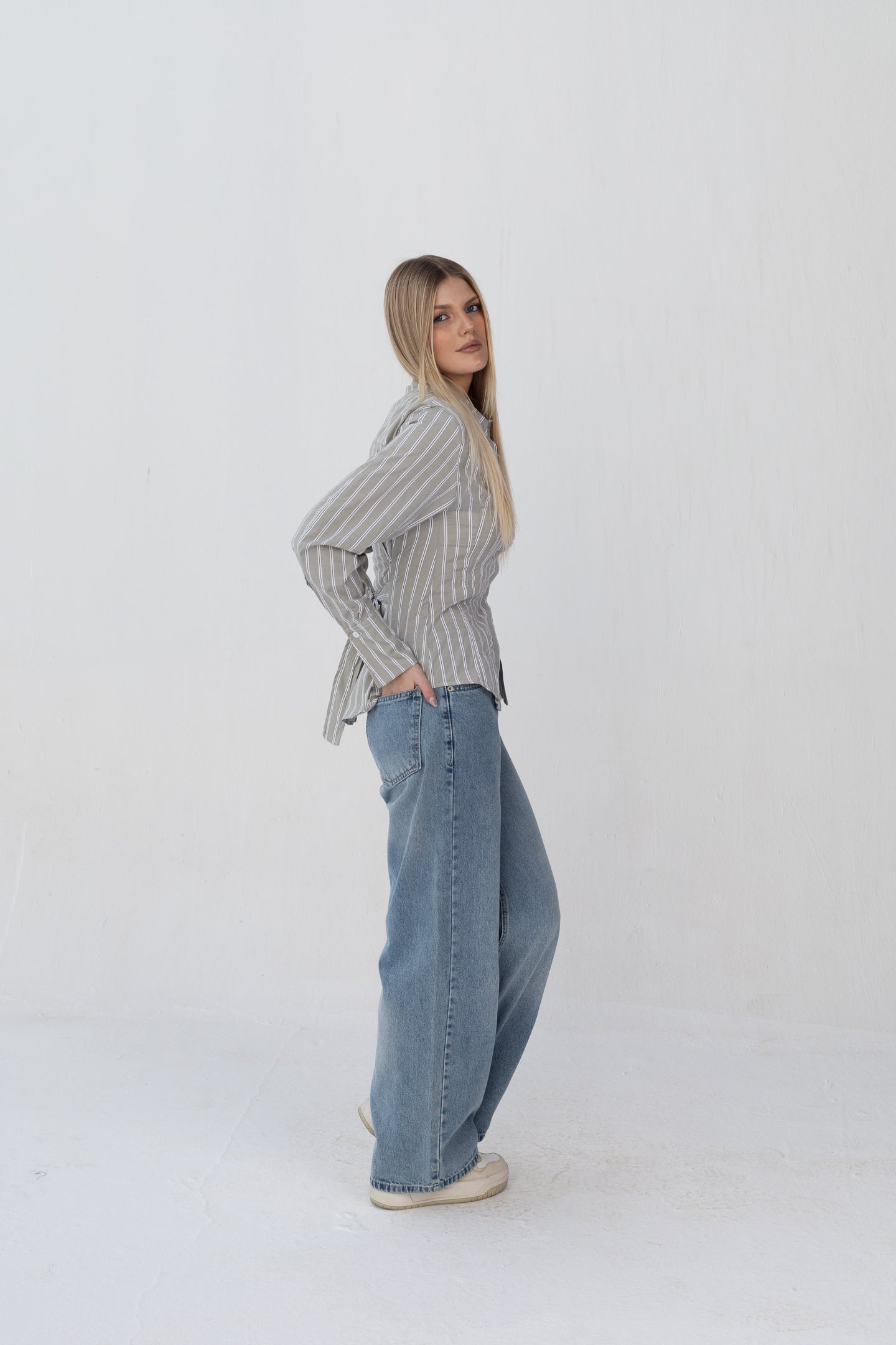 Bold Back Belt and Chest Pleats Shirt