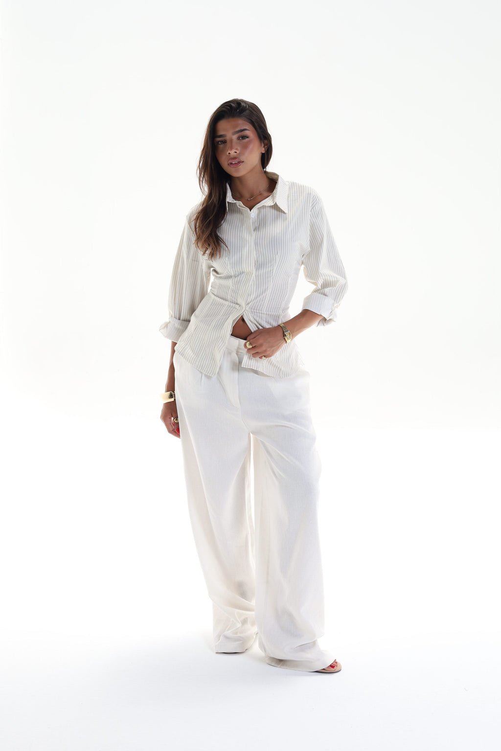 Pine Back Belt Cheast Pleats Shirt