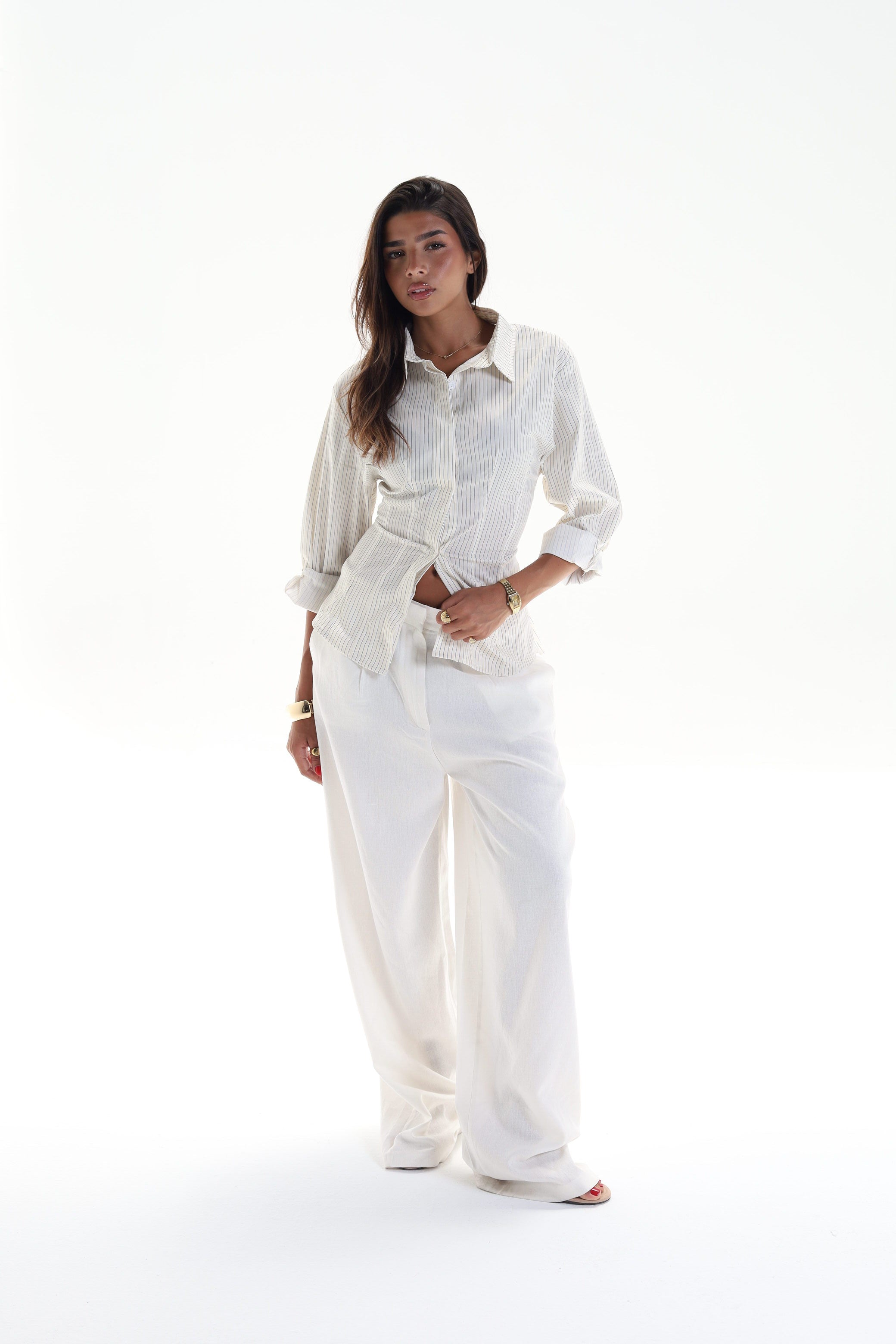 Pine Back Belt Cheast Pleats Shirt
