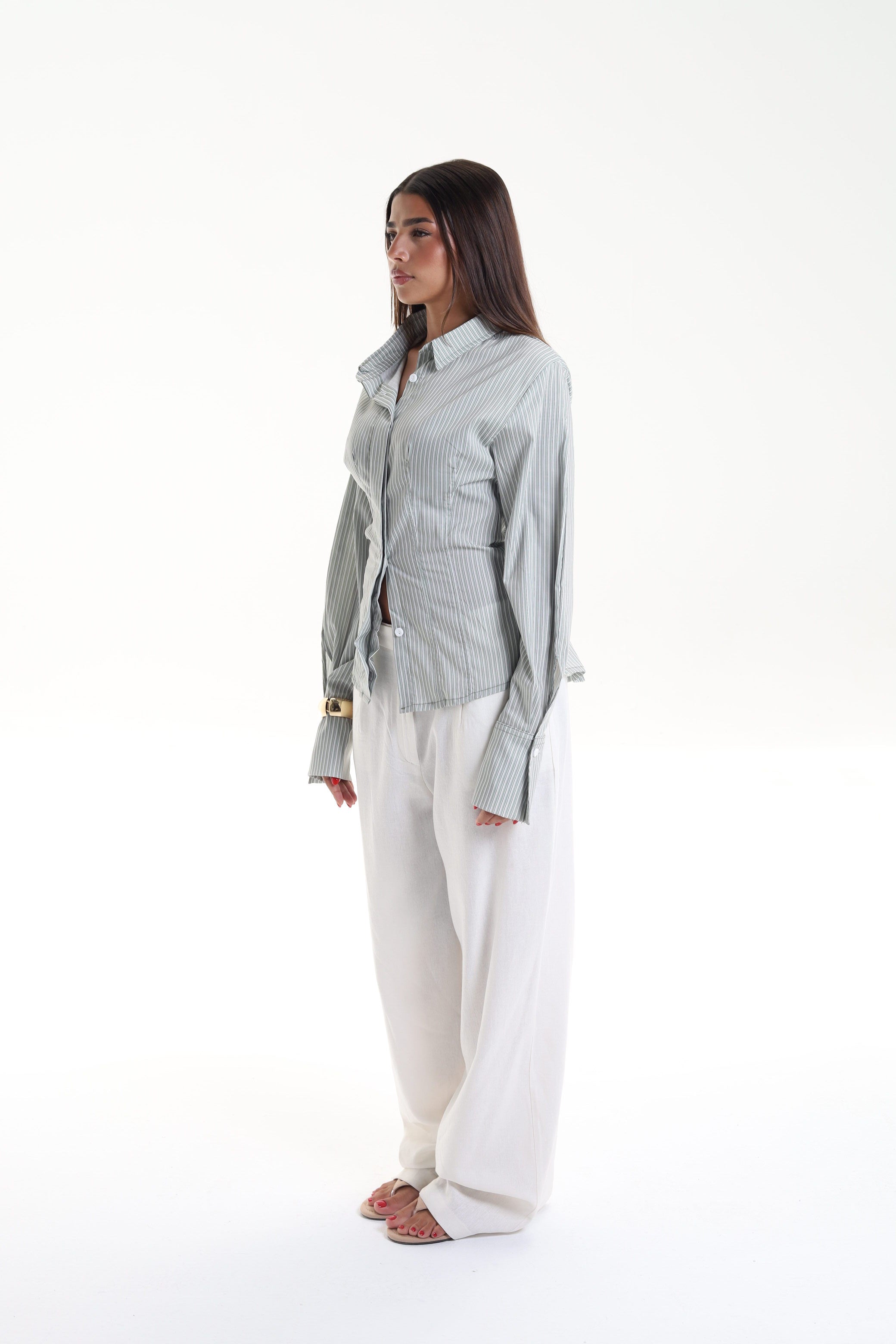 Pine Back Belt Cheast Pleats Shirt