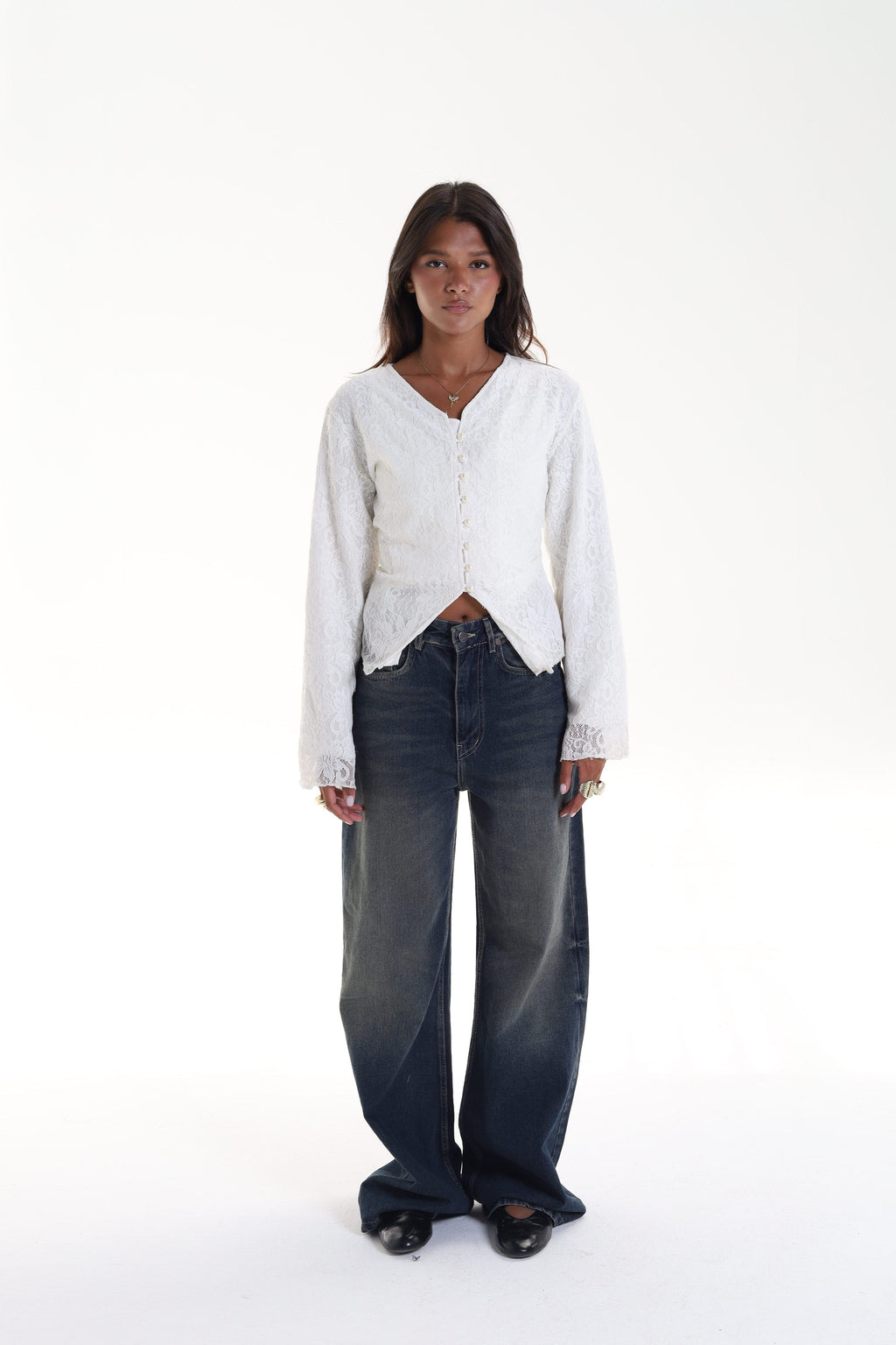 Lace blouse button back tie