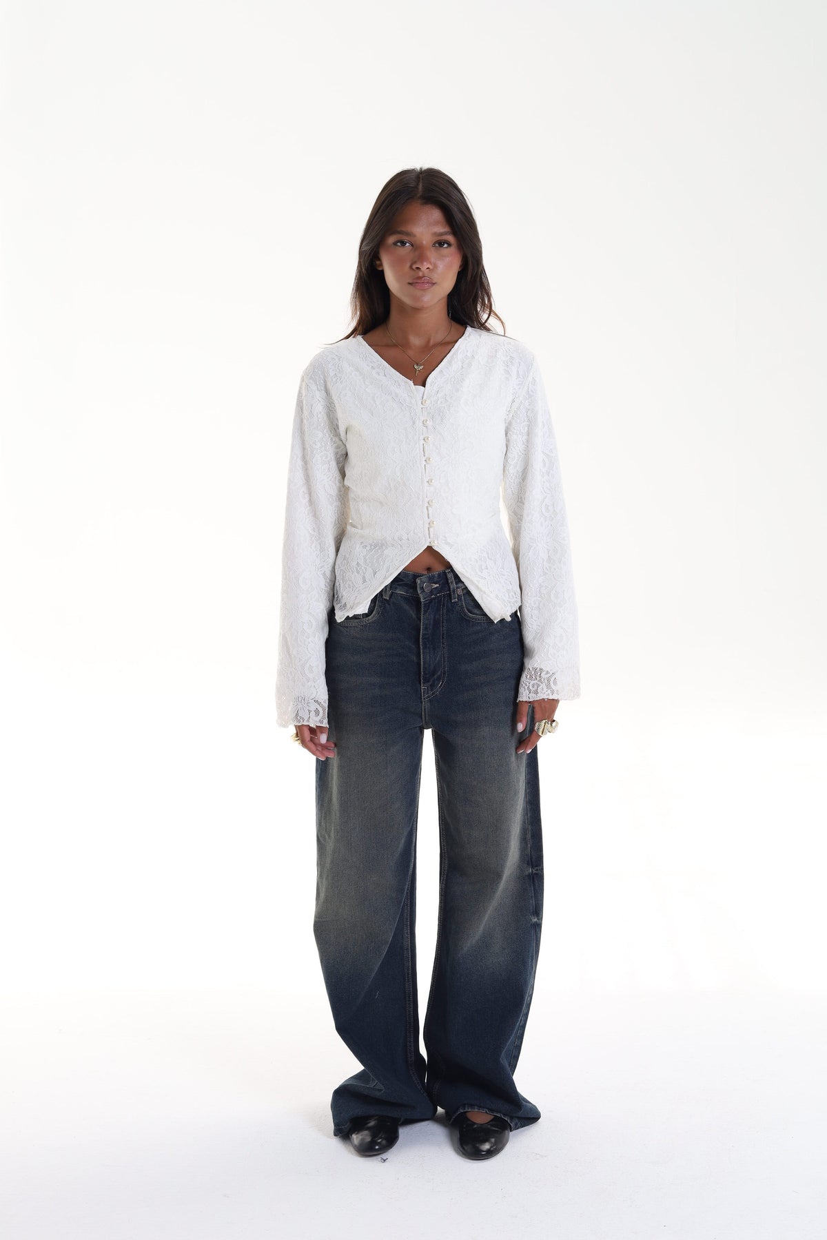 Lace blouse button back tie