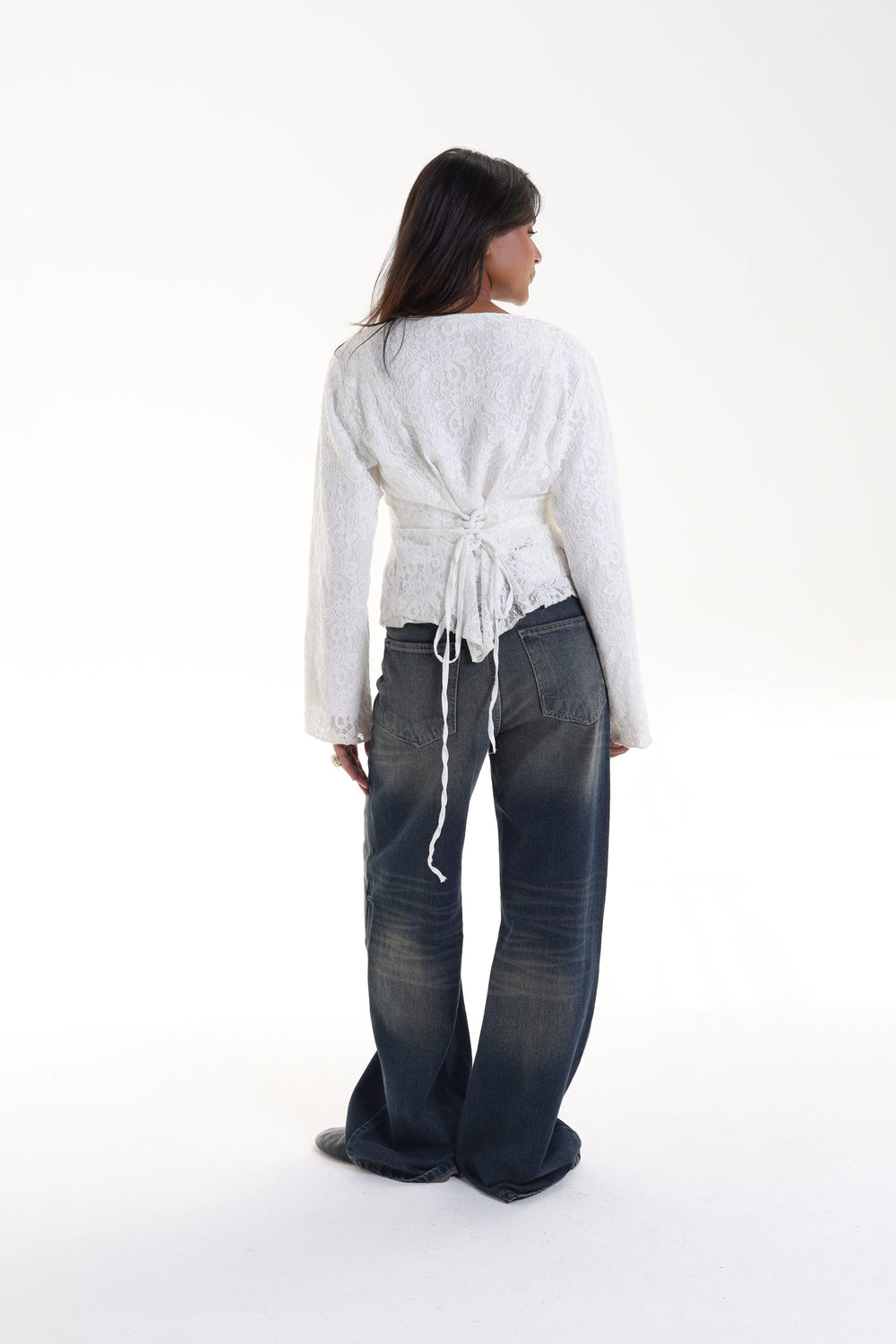 Lace blouse button back tie