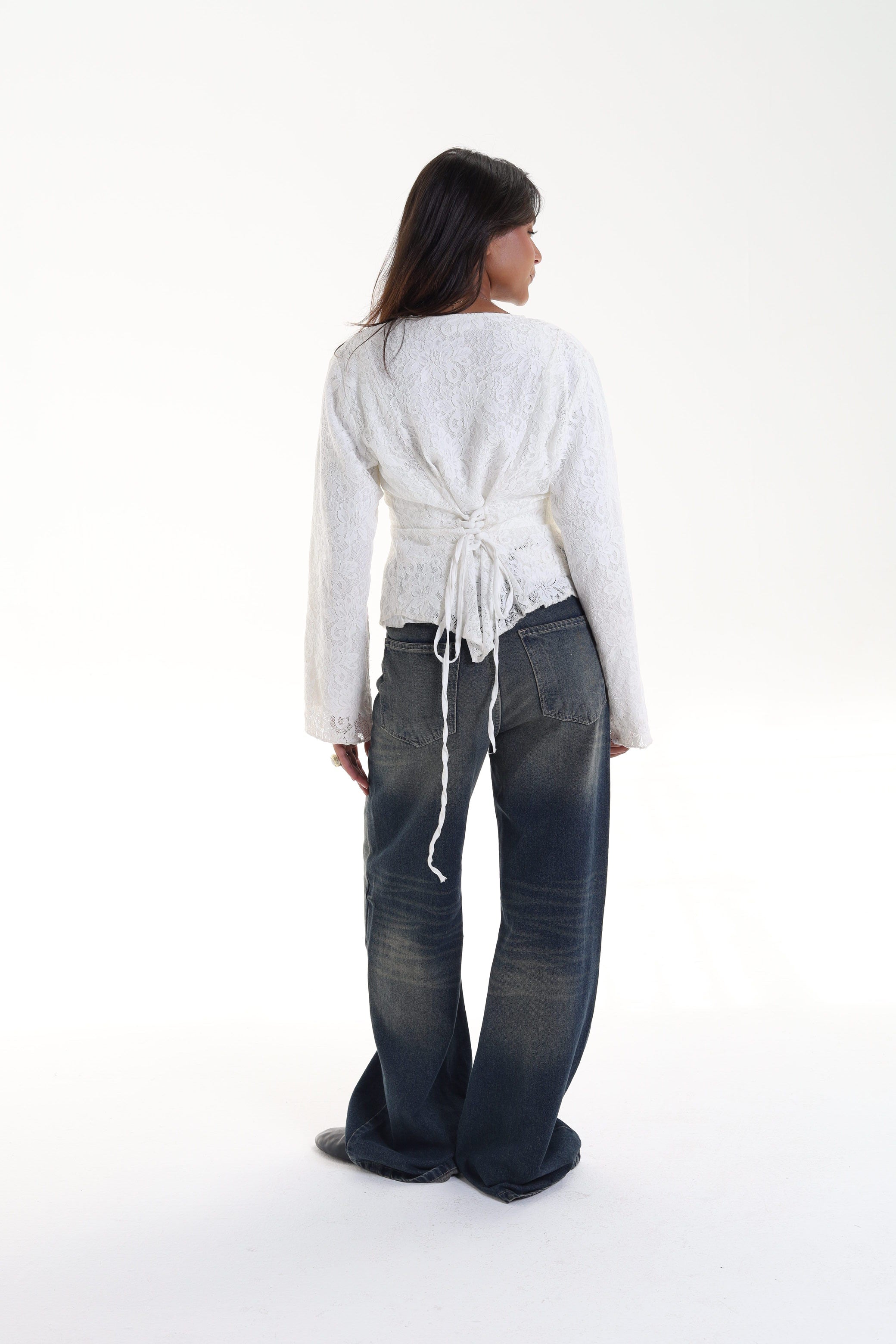 Lace blouse button back tie