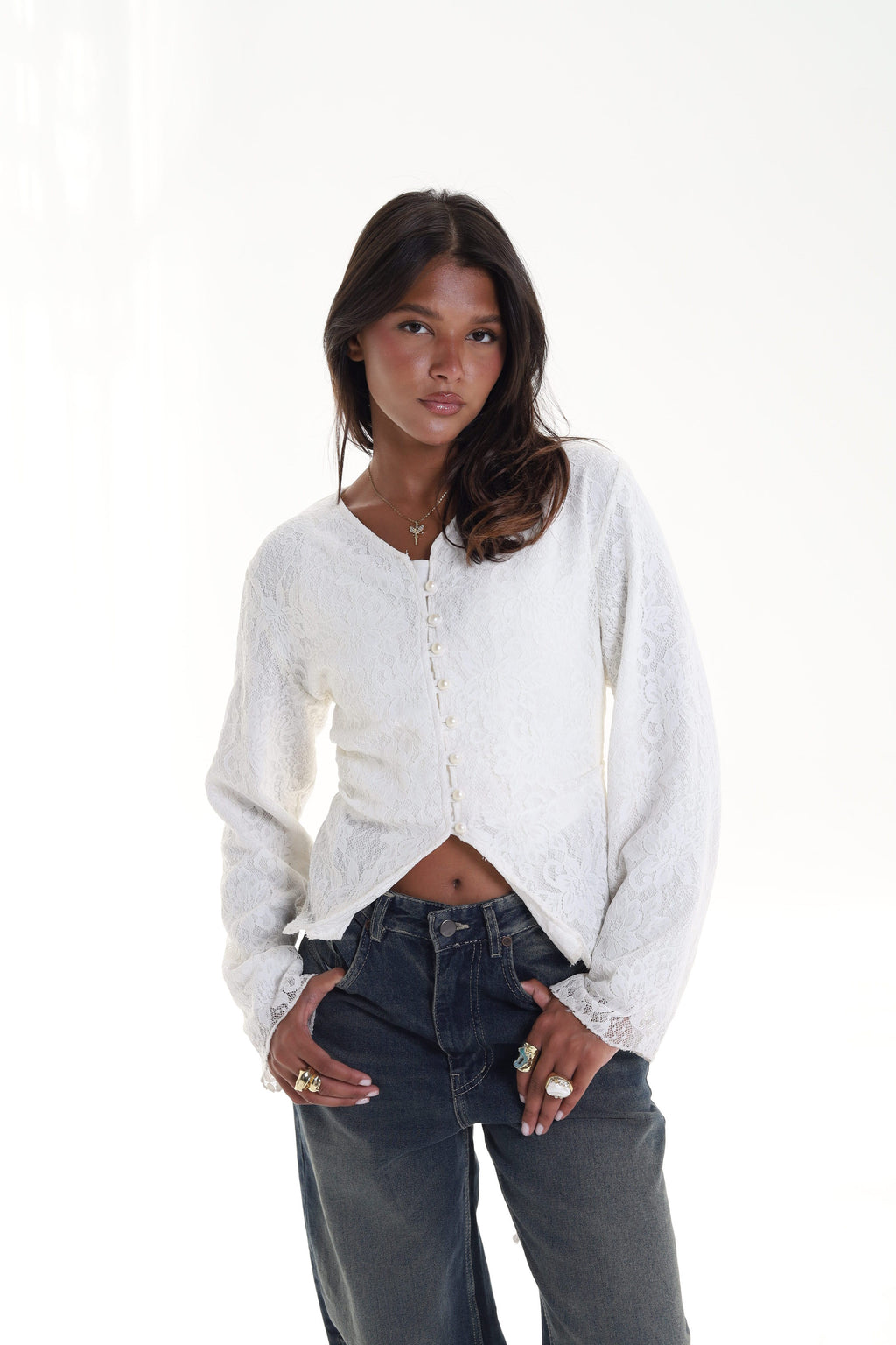 Lace blouse button back tie