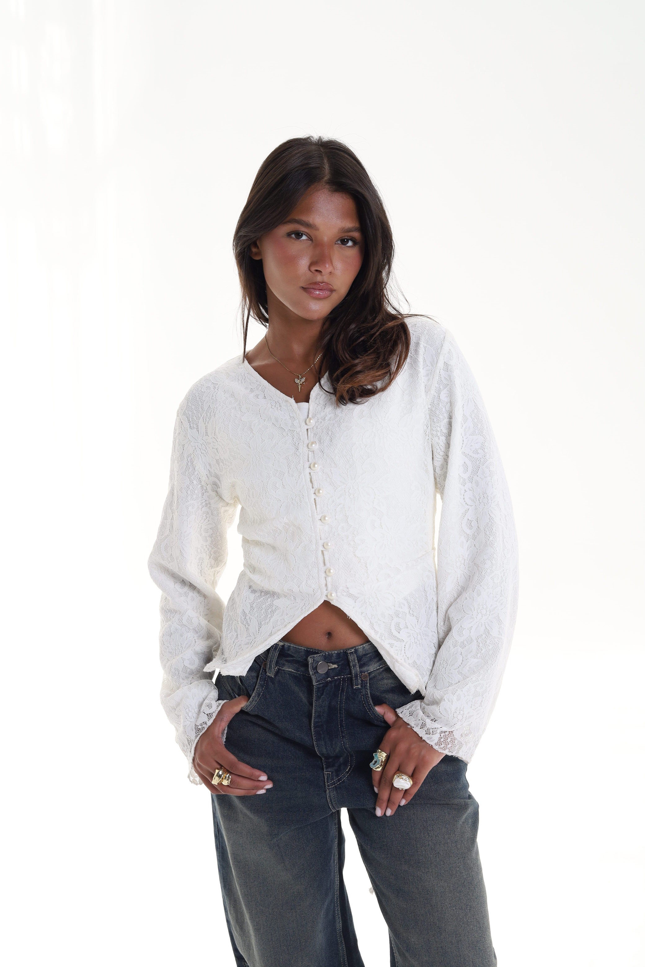 Lace blouse button back tie