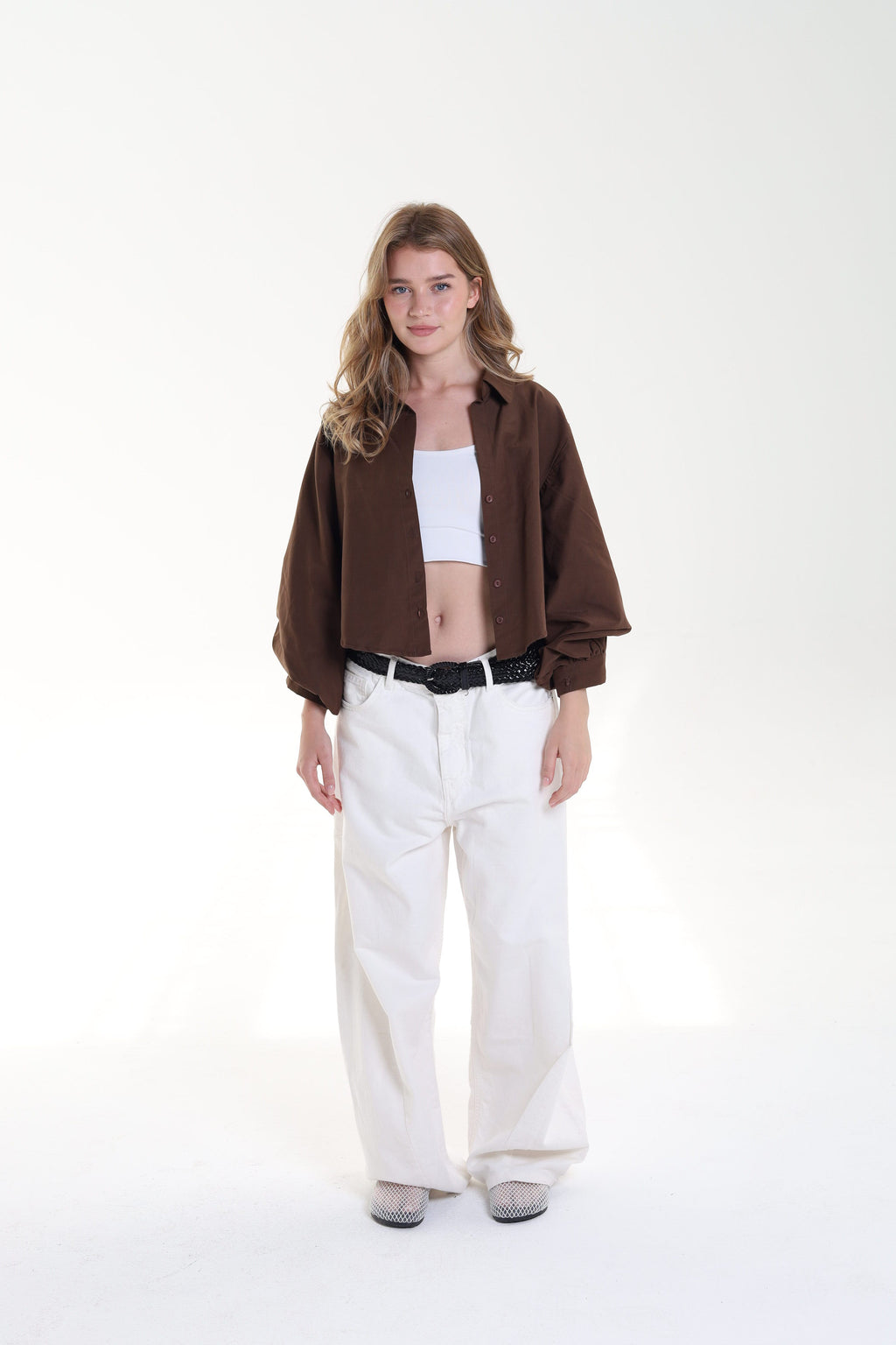 Cropped Balloon Sleeve Blouse