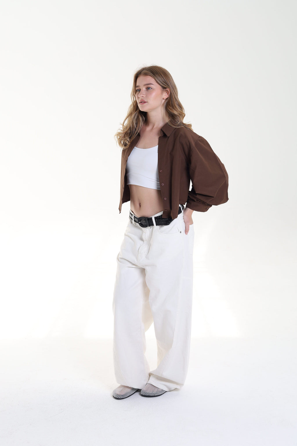 Cropped Balloon Sleeve Blouse