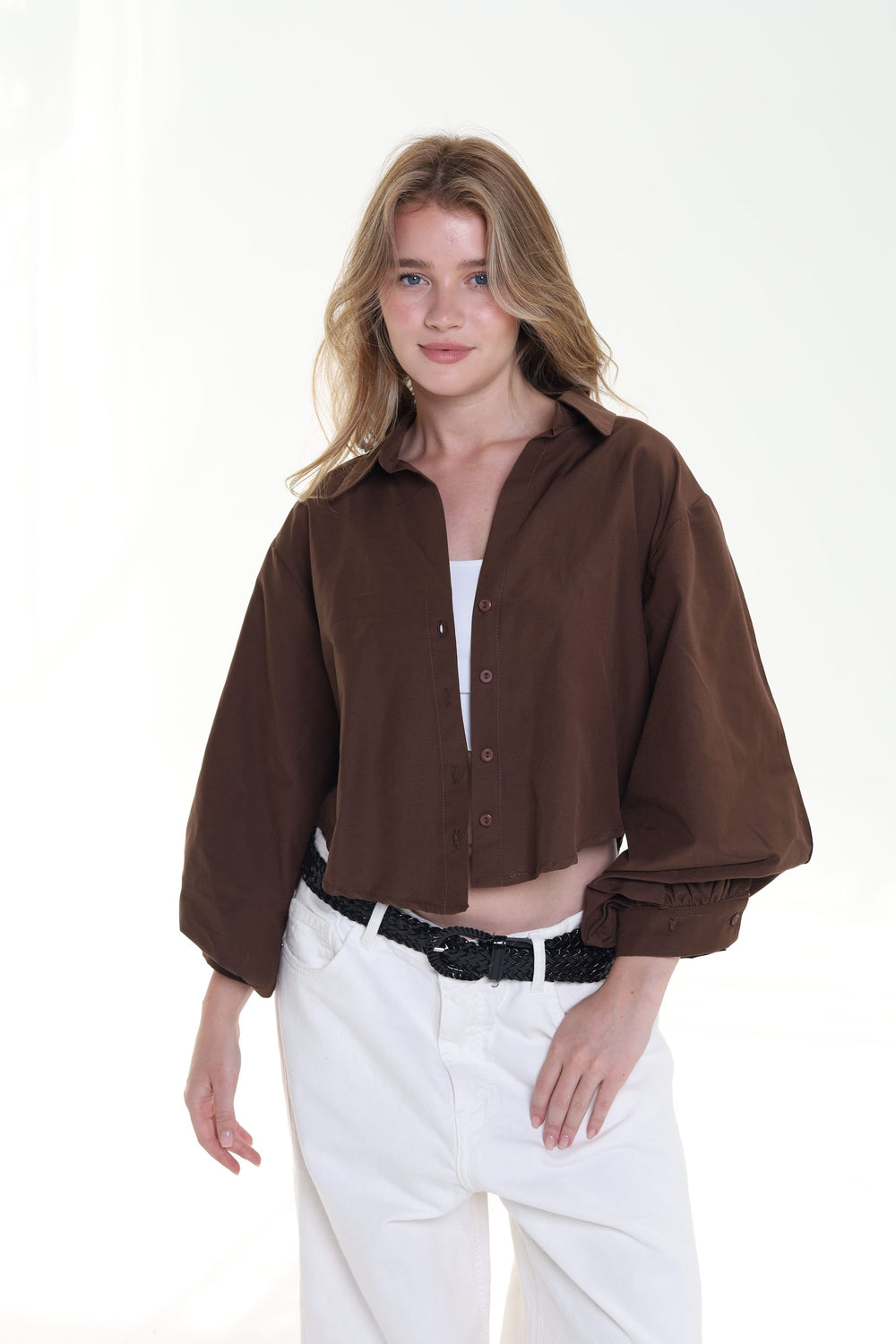 Cropped Balloon Sleeve Blouse