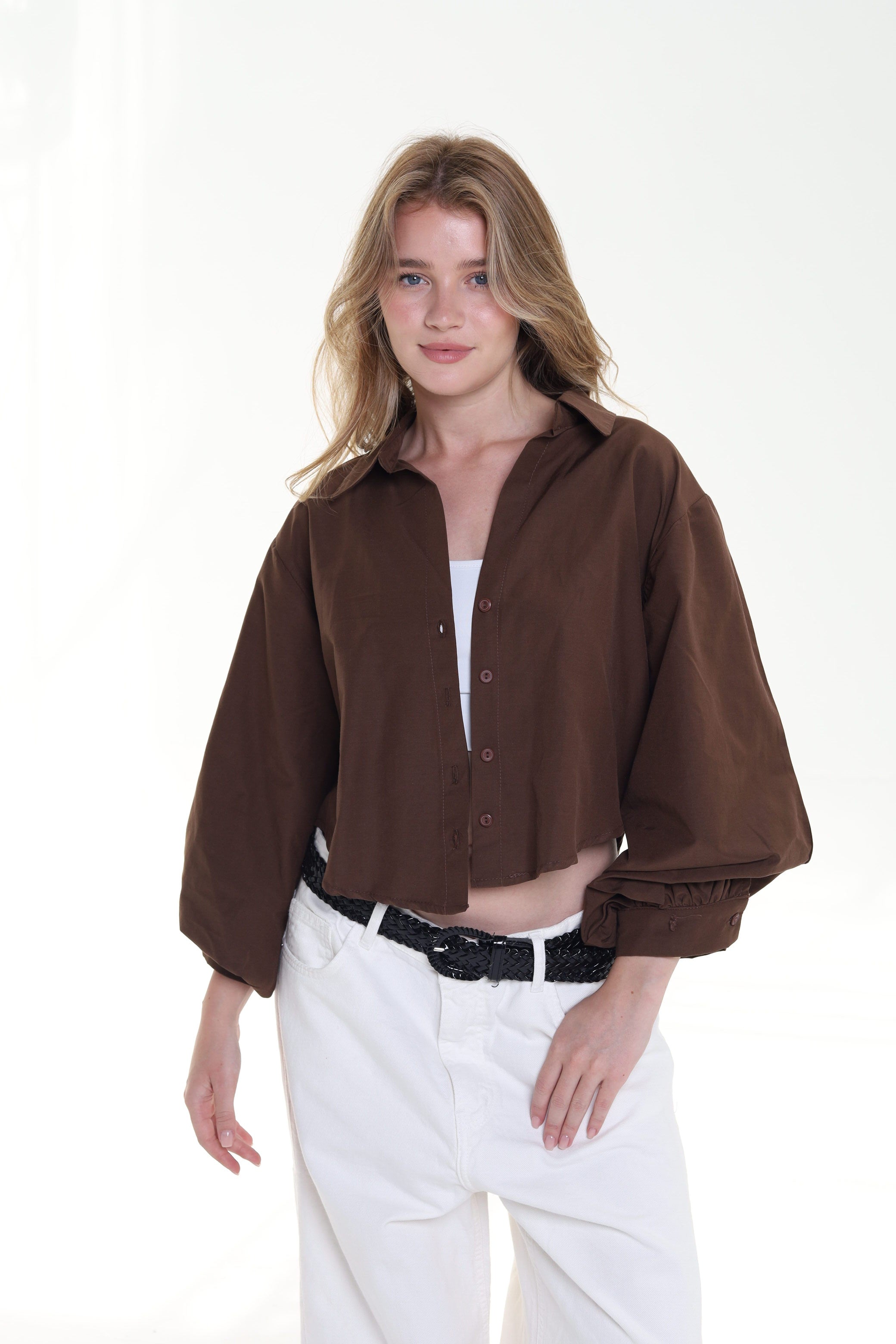 Cropped Balloon Sleeve Blouse