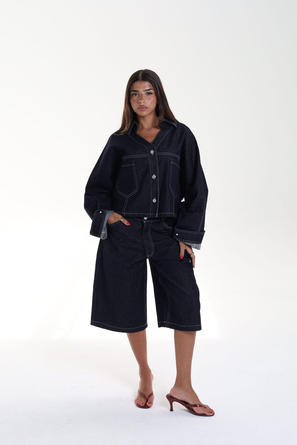 Flowy Denim Shirt with Front Pockets