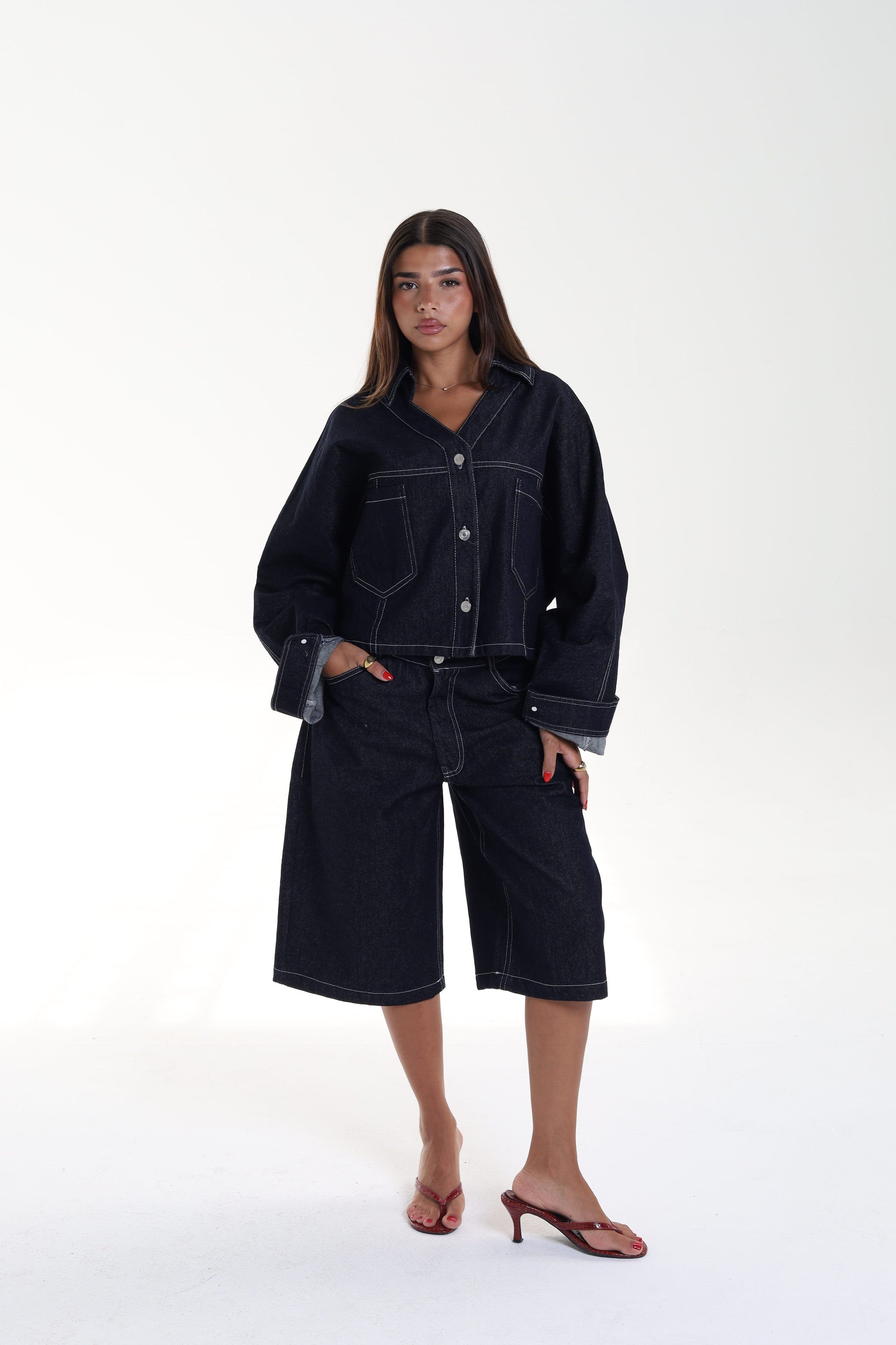 Flowy Denim Shirt with Front Pockets