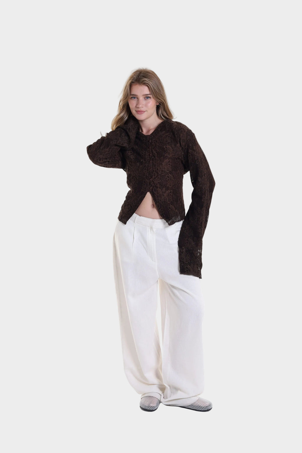 Lace blouse button back tie