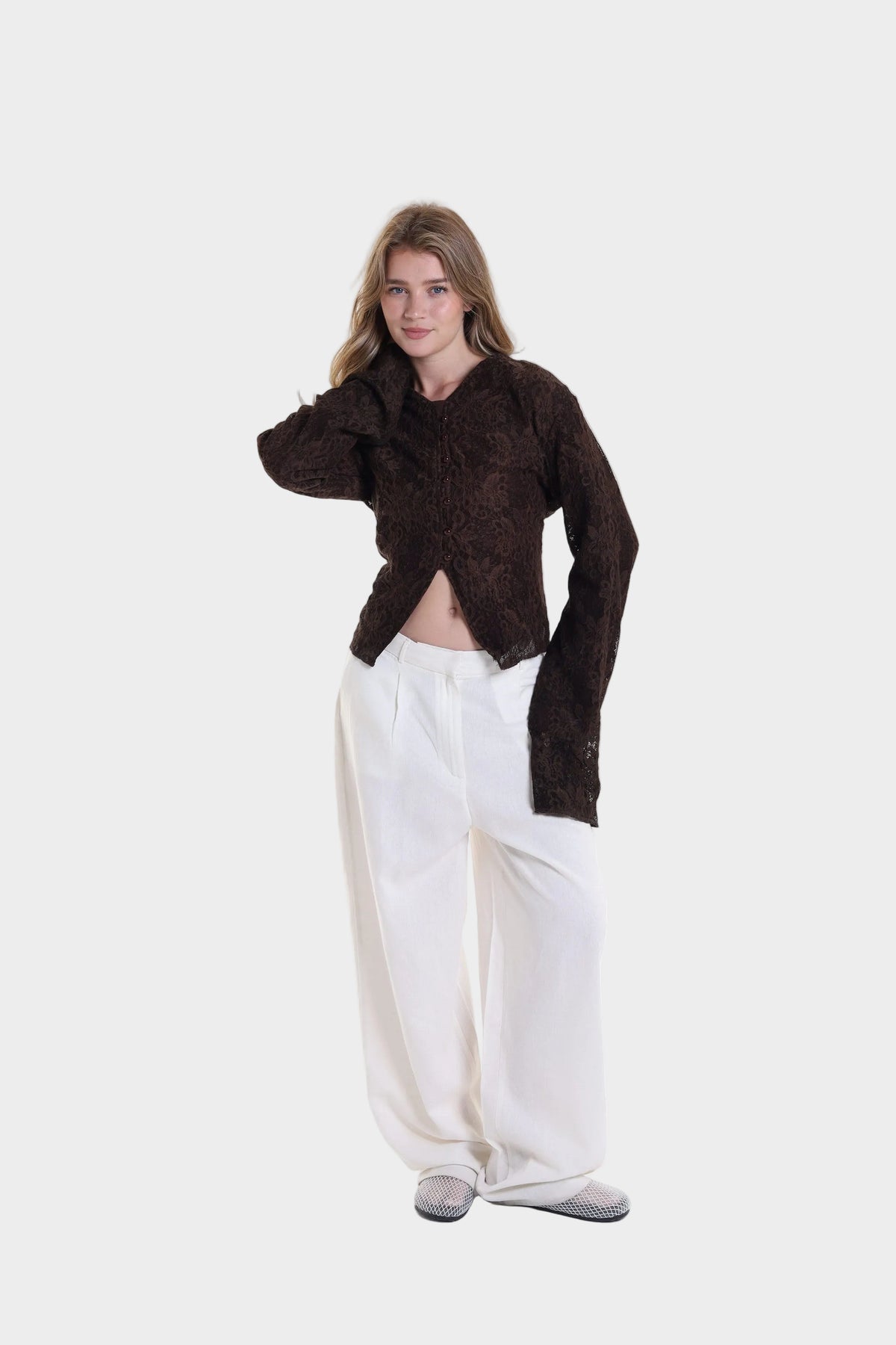 Lace blouse button back tie