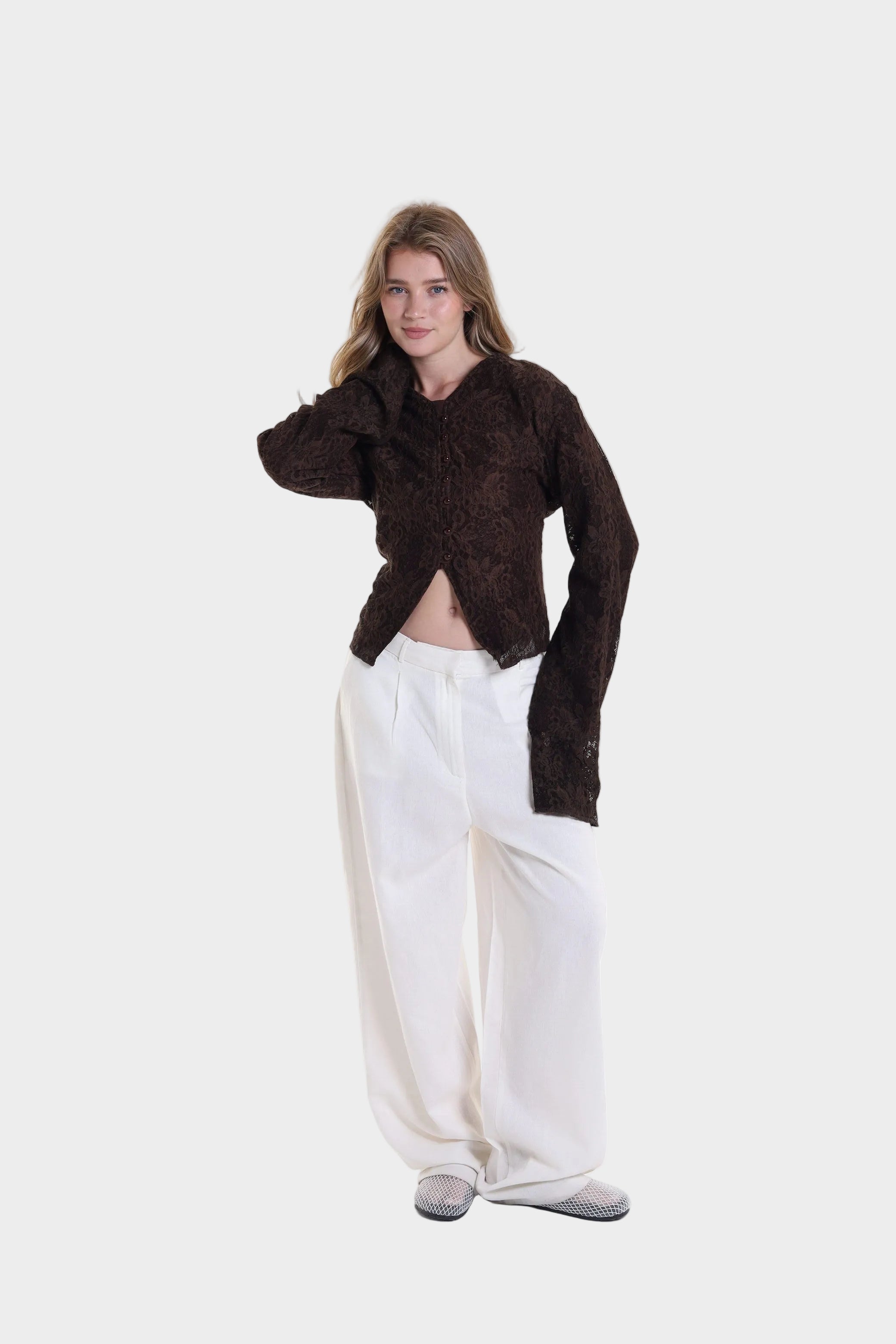 Lace blouse button back tie