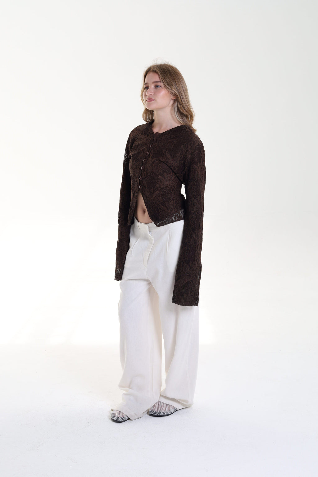 Lace blouse button back tie