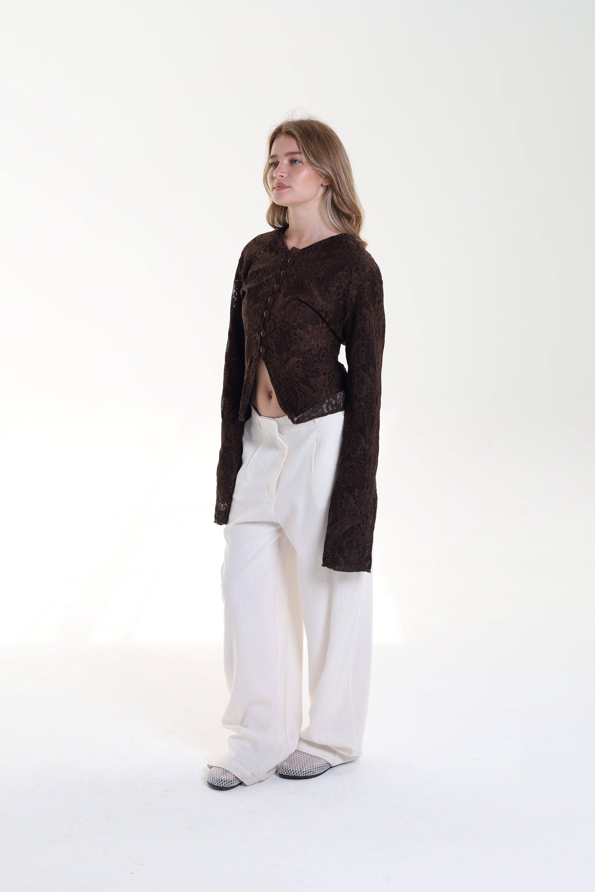 Lace blouse button back tie