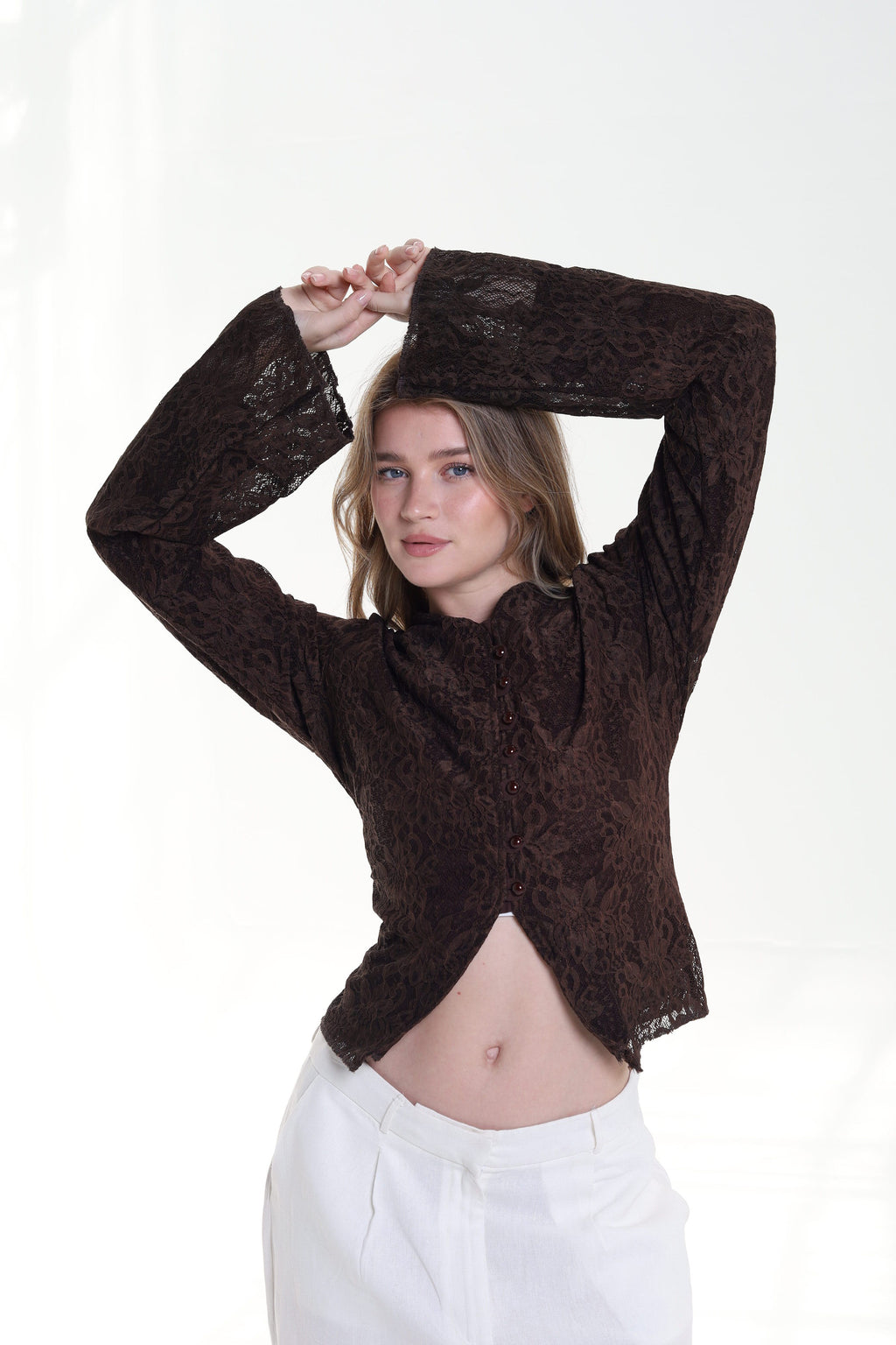 Lace blouse button back tie