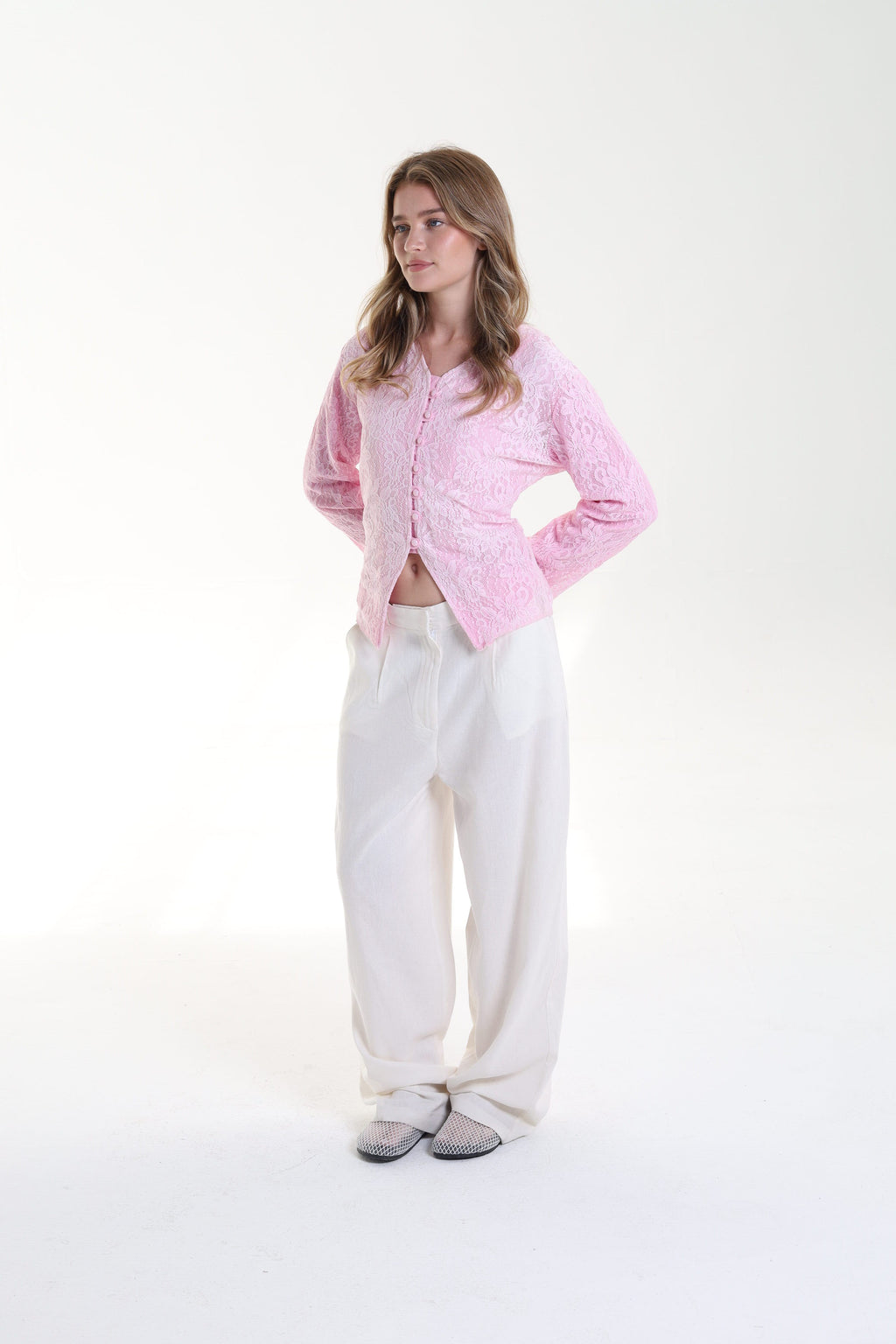 Lace blouse button back tie
