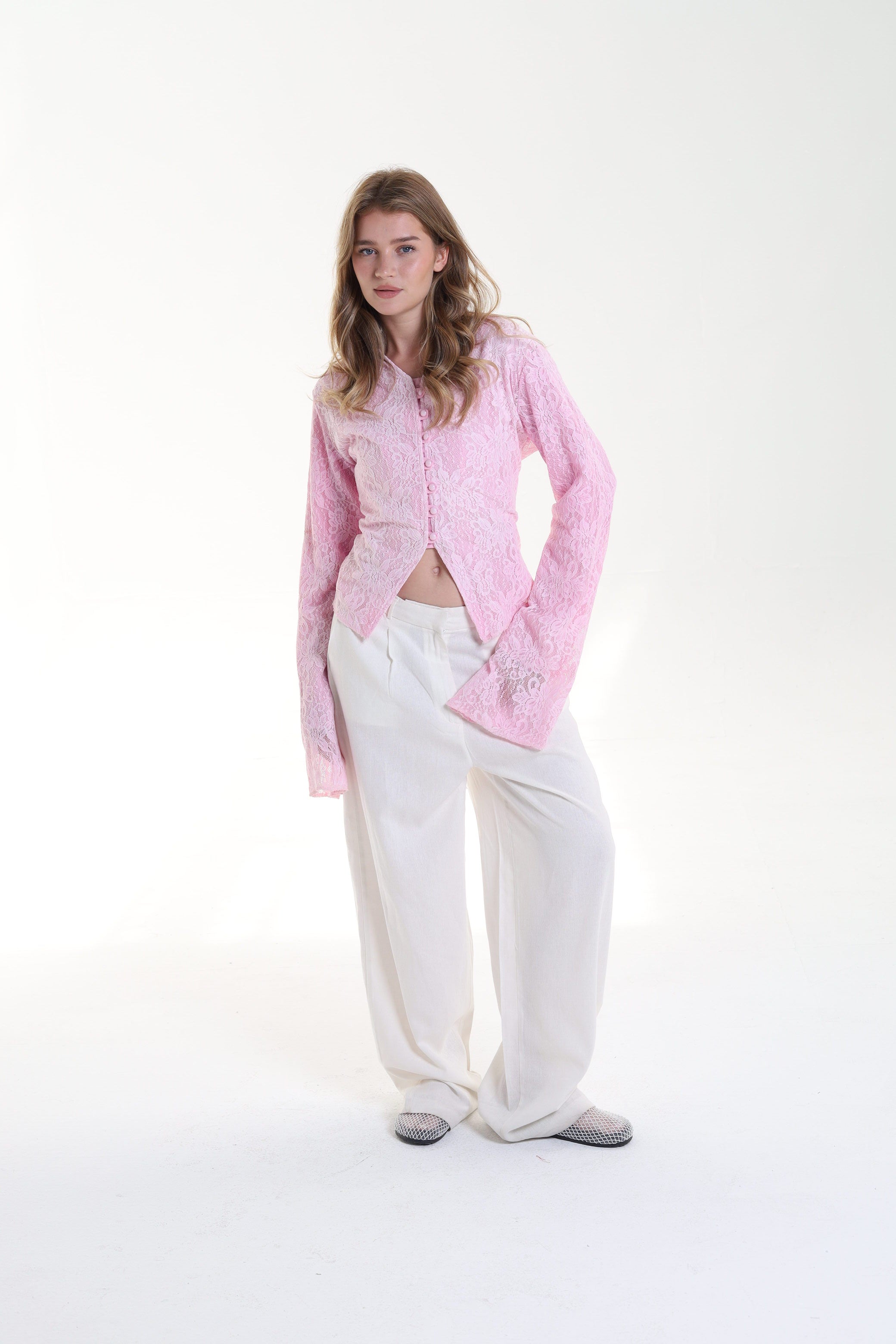 Lace blouse button back tie