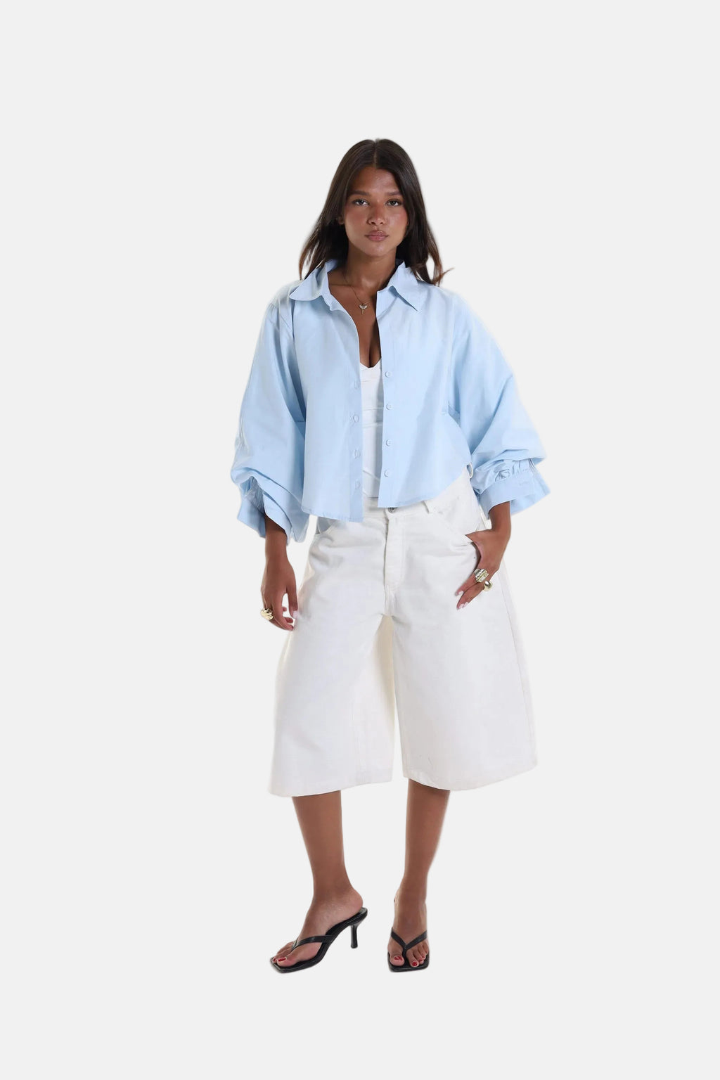 Cropped Balloon Sleeve Blouse
