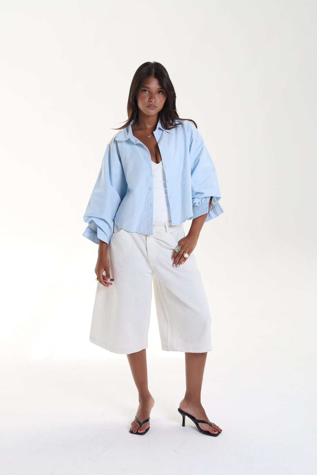 Cropped Balloon Sleeve Blouse