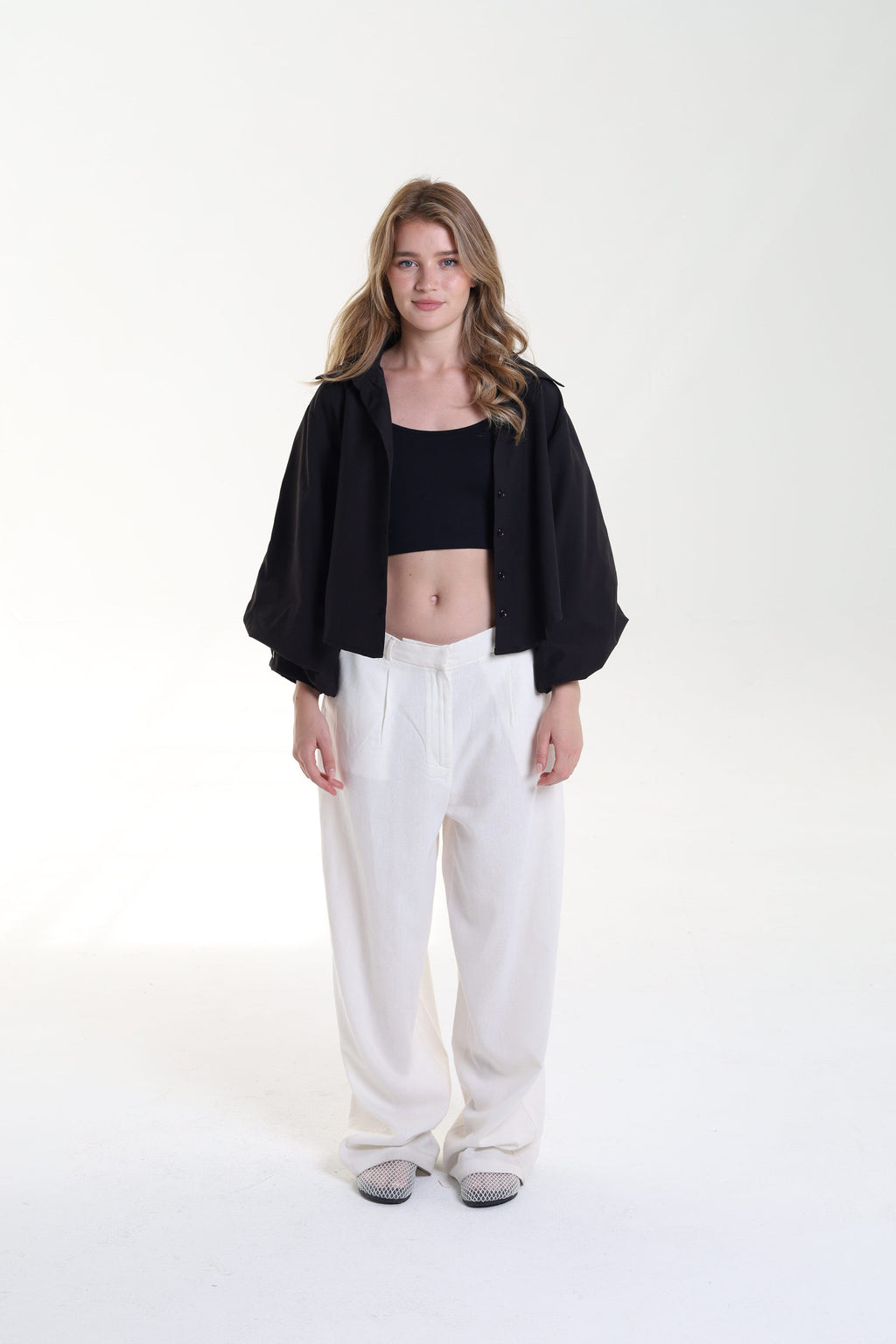 Cropped Balloon Sleeve Blouse