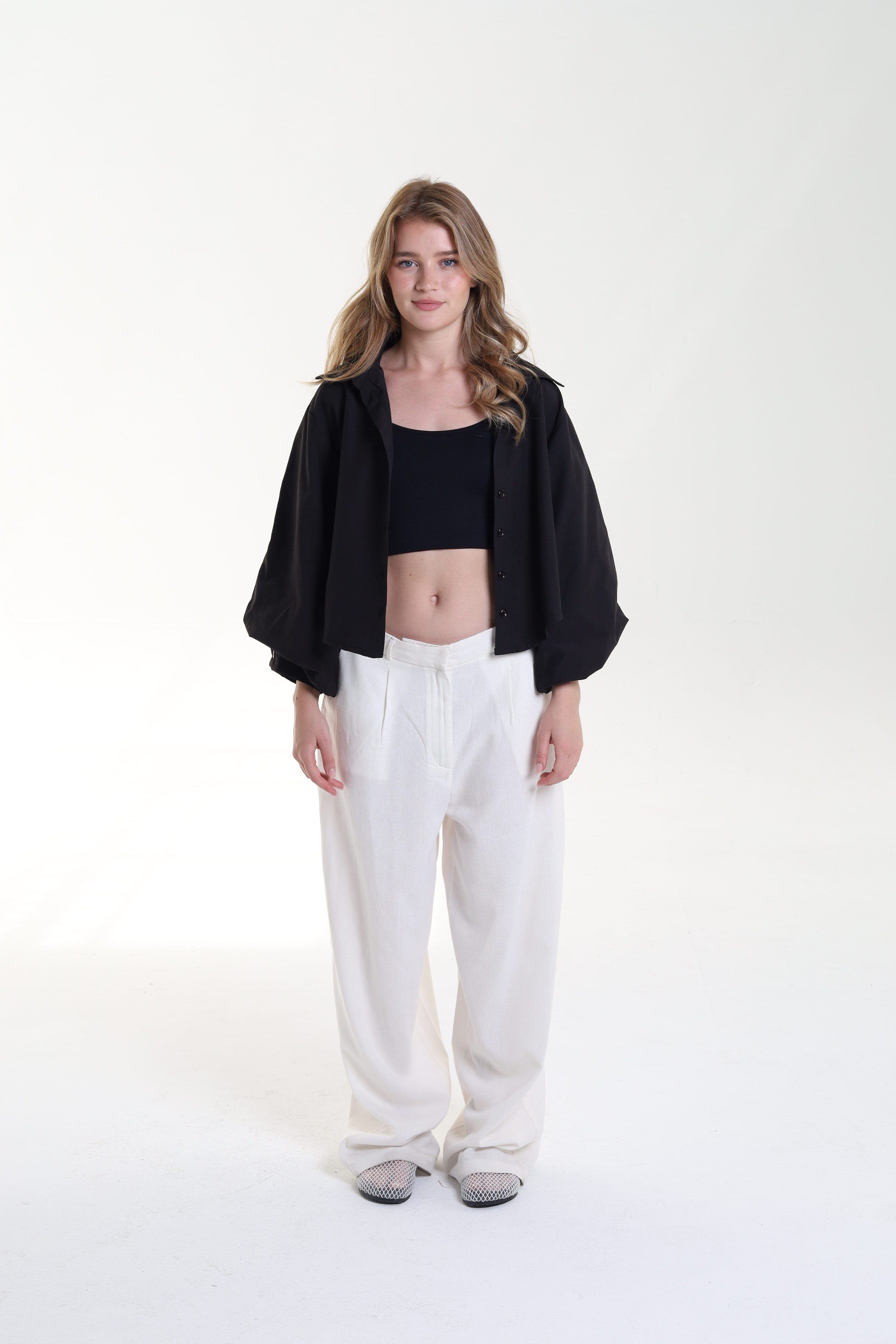 Cropped Balloon Sleeve Blouse