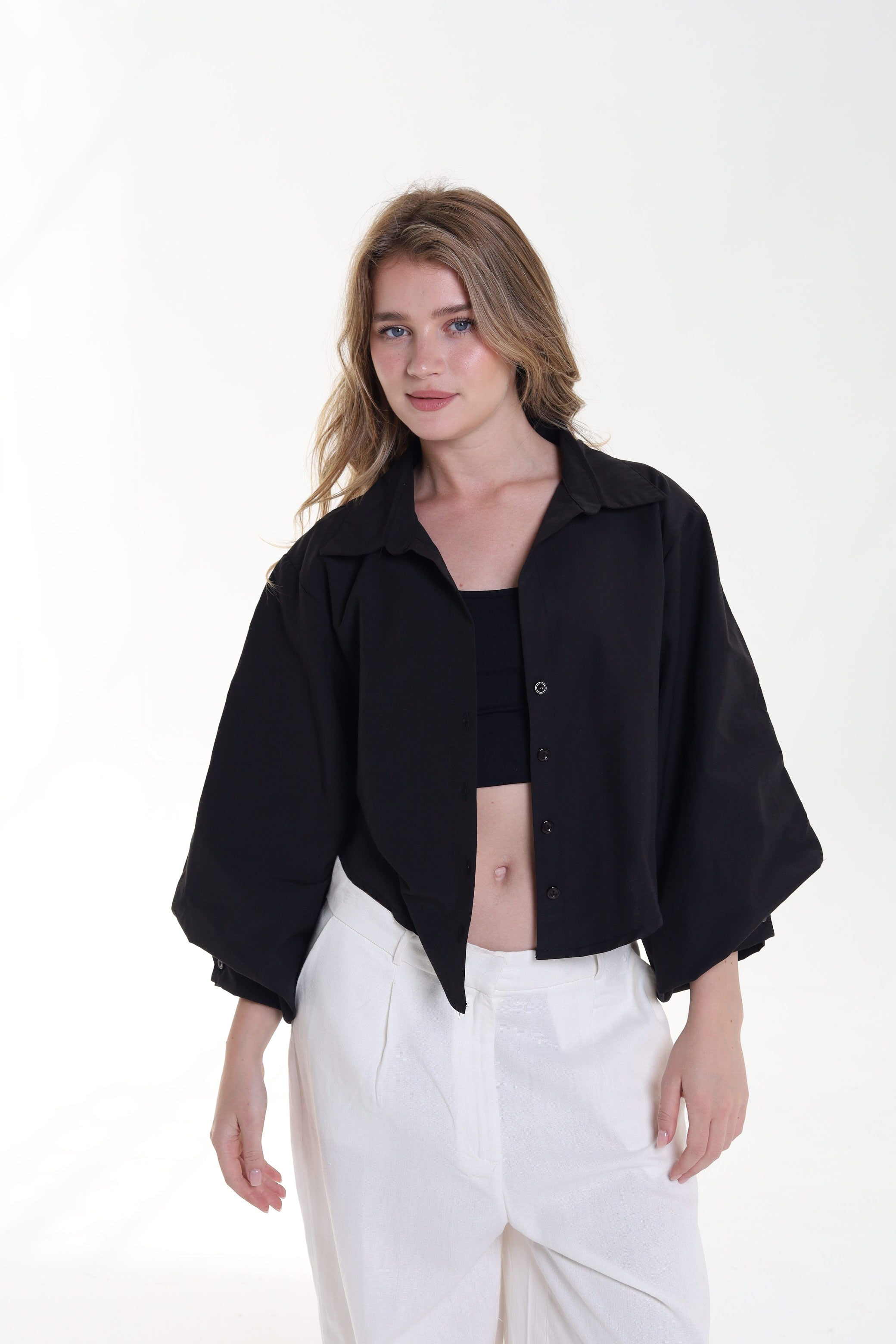 Cropped Balloon Sleeve Blouse