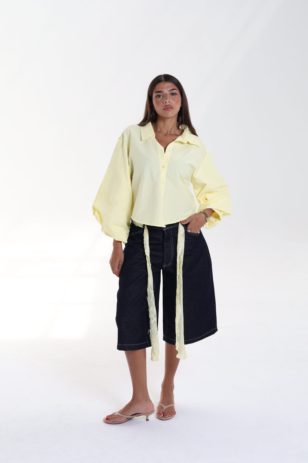Cropped Balloon Sleeve Blouse