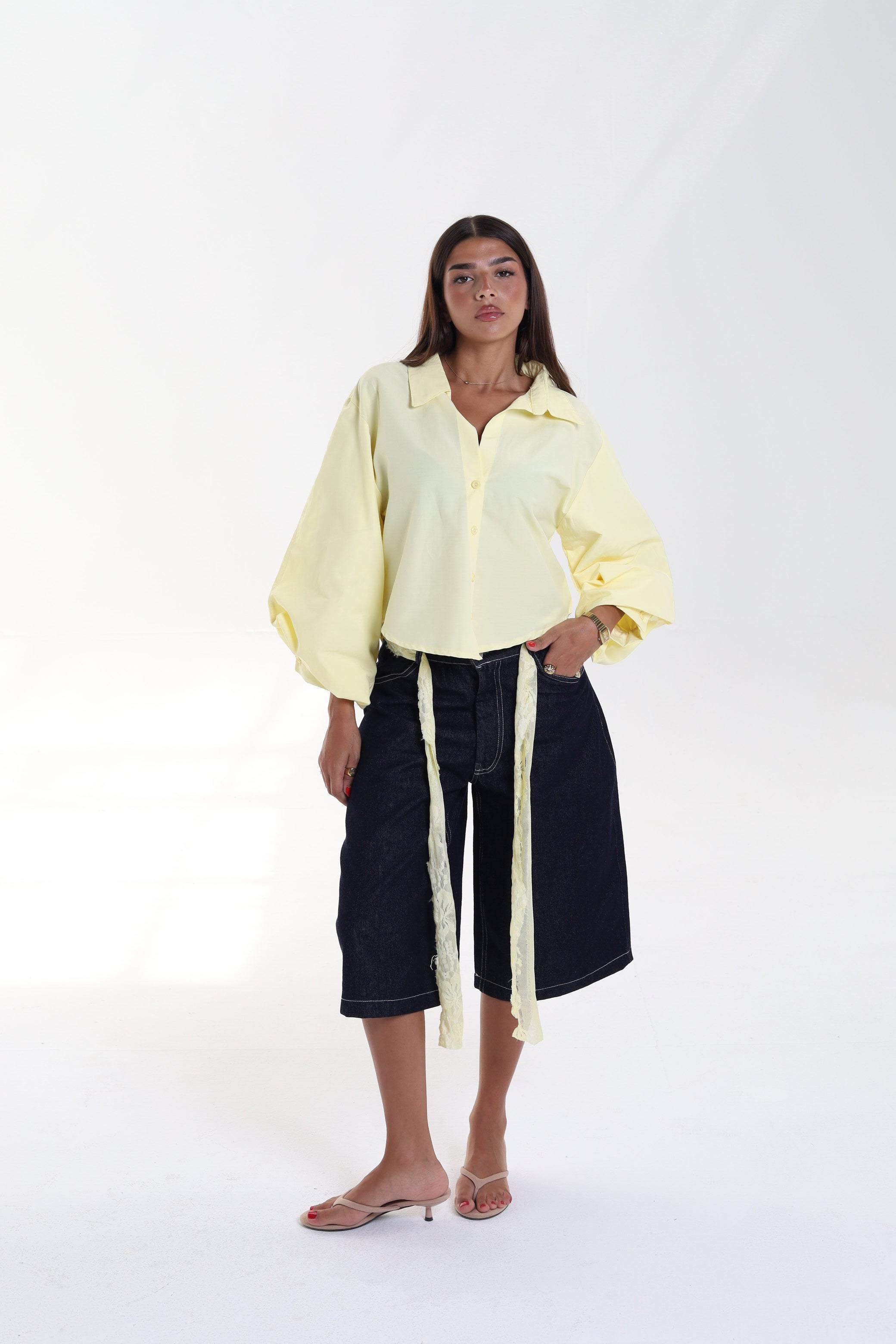 Cropped Balloon Sleeve Blouse