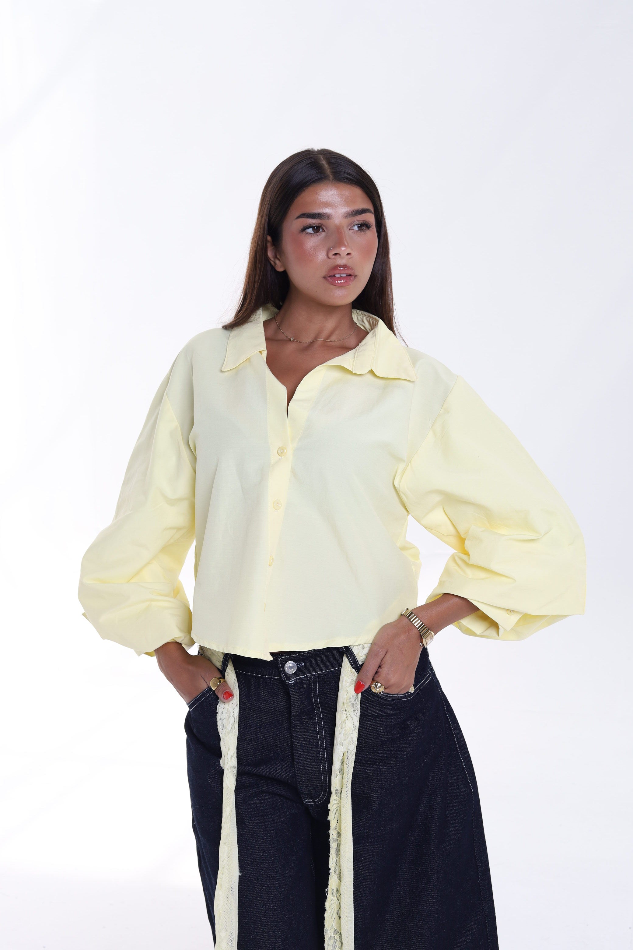 Cropped Balloon Sleeve Blouse