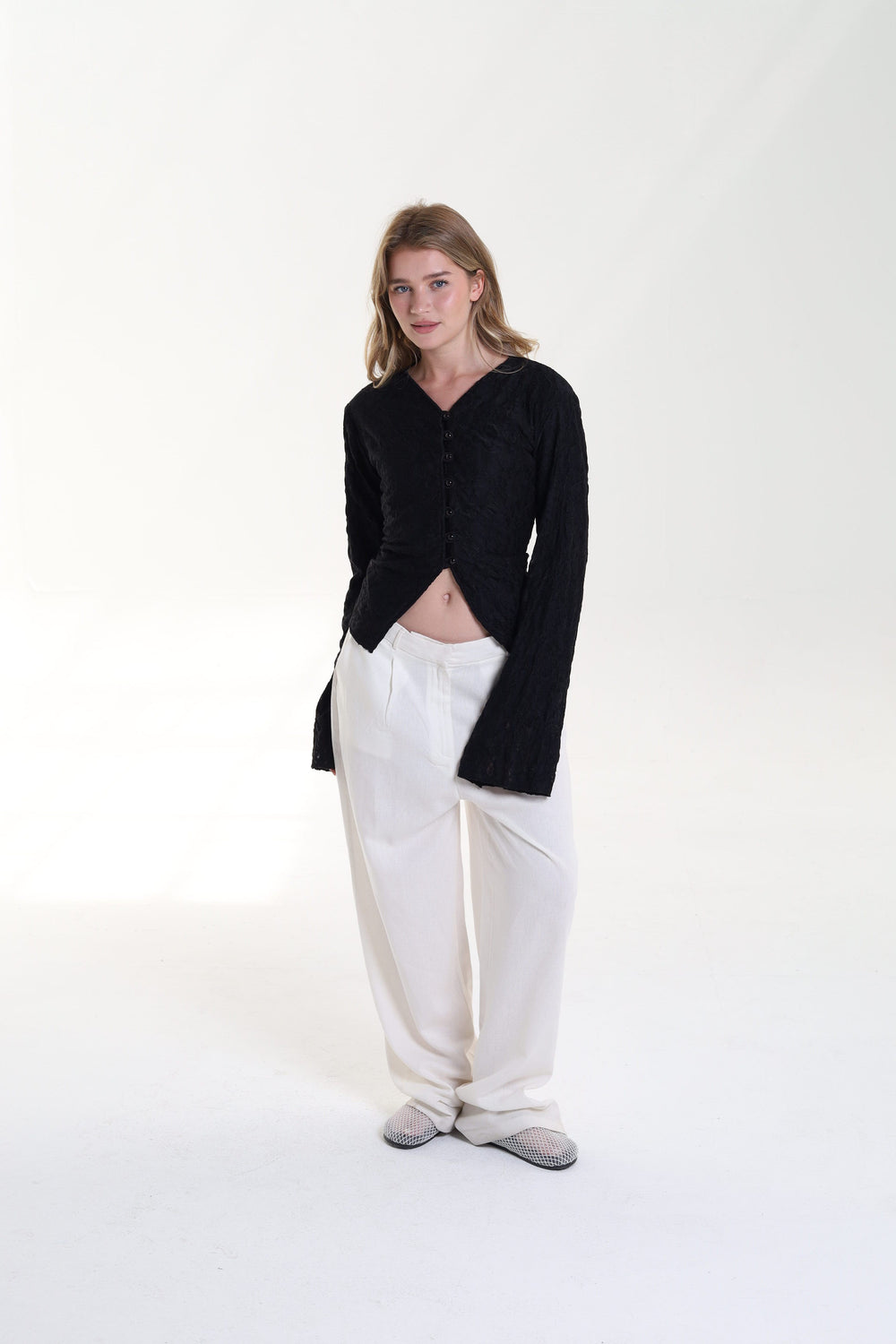 Lace blouse button back tie